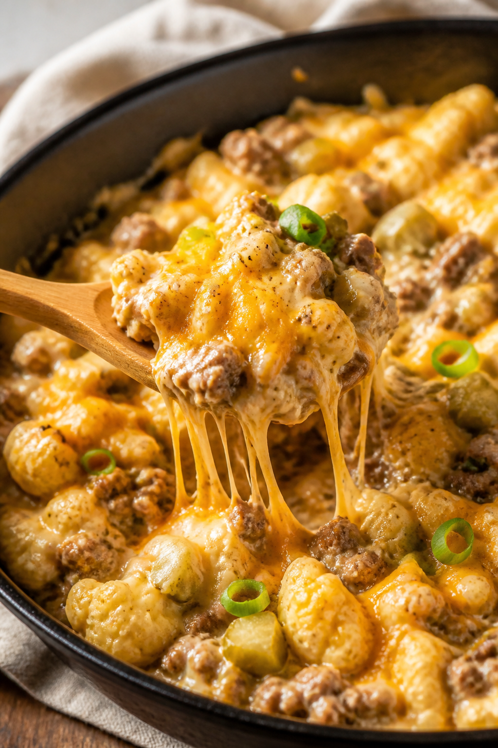 Creamy, cheesy detail shot: Close-up of the cheeseburger skillet right after Greek yogurt and shredd
