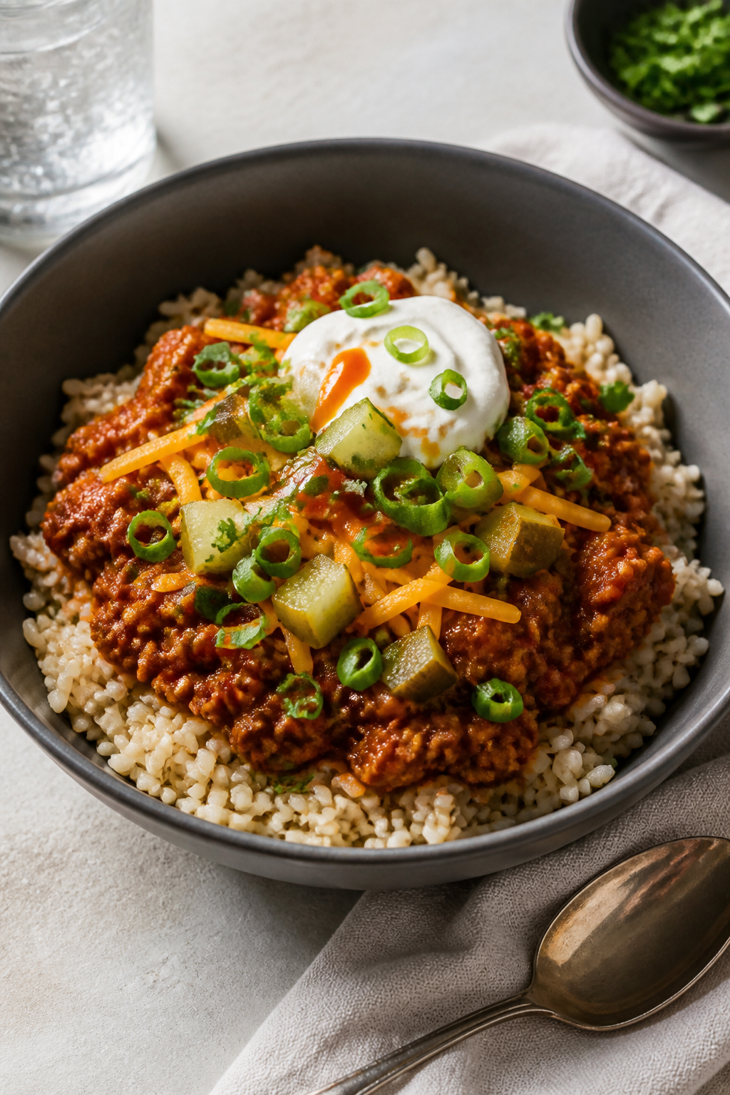 Final dish, beautifully plated bowl: A warm, hearty Sloppy Joe Bowl served over fluffy brown rice in