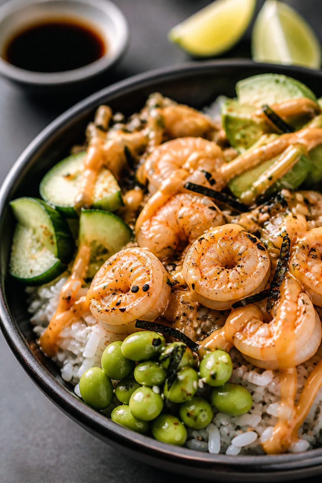 Final dish beauty – Close-up detail of finished bowl with extra-high-protein drizzle: Macro-style 