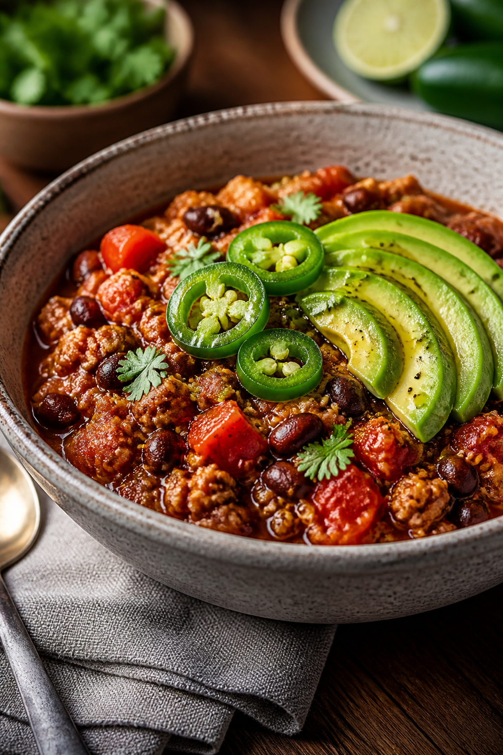 Final dish, beauty plate close-up: Three-quarter angle close-up of the finished chili ladled into a 