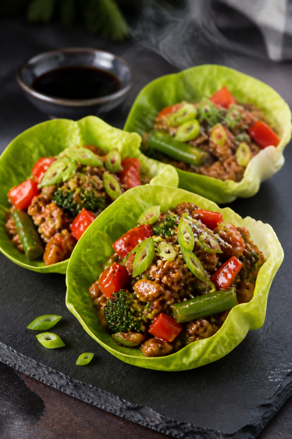 Final dish beauty plate: Lettuce cup presentation of the finished stir fry—butter lettuce leaves f
