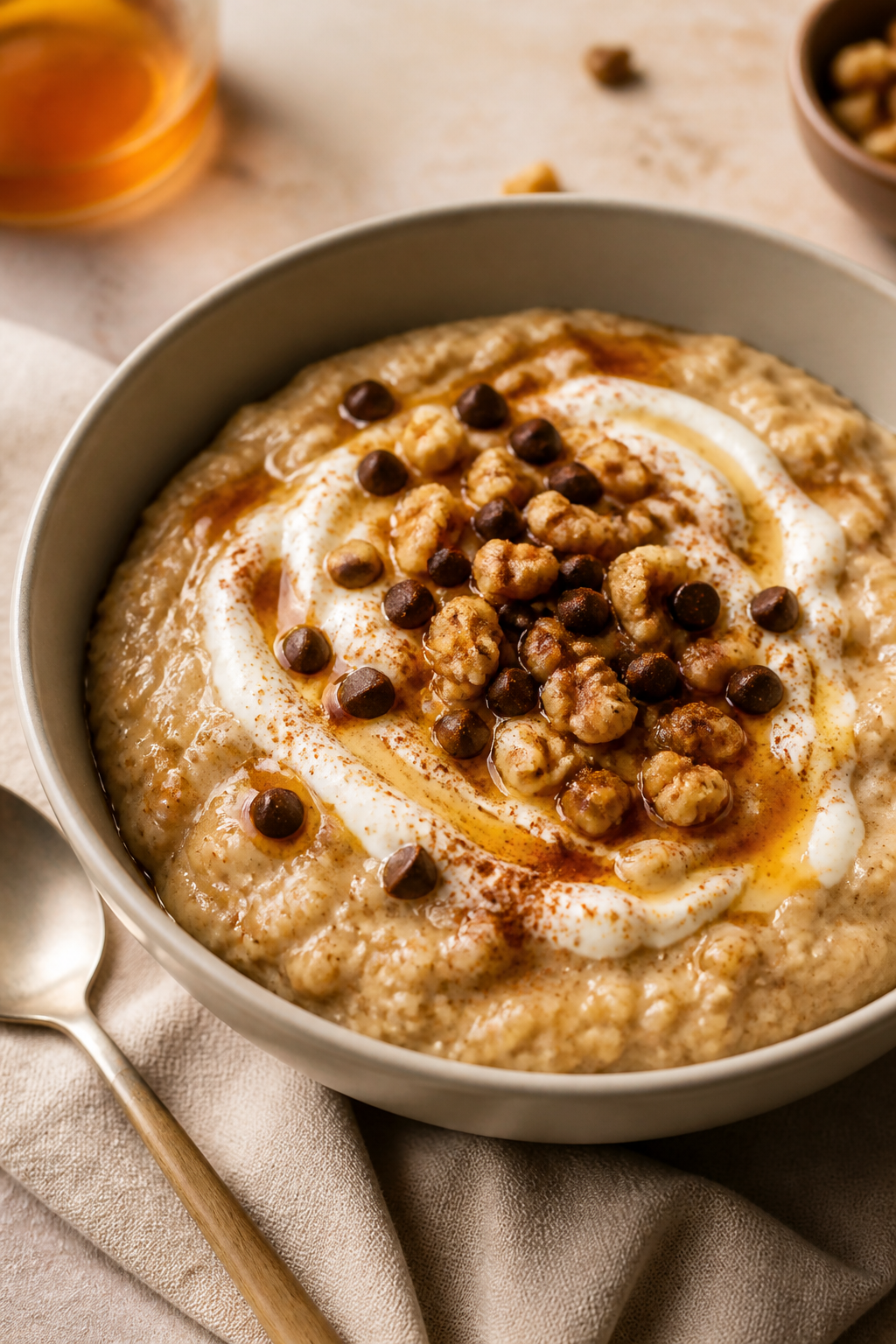 Final dish, cozy bowl presentation: Beautifully plated banana bread high-protein oatmeal served warm