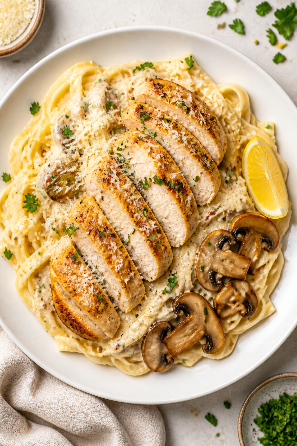 Final dish plated: One-Pan Garlic Parmesan Chicken sliced into juicy medallions and fanned on a matt
