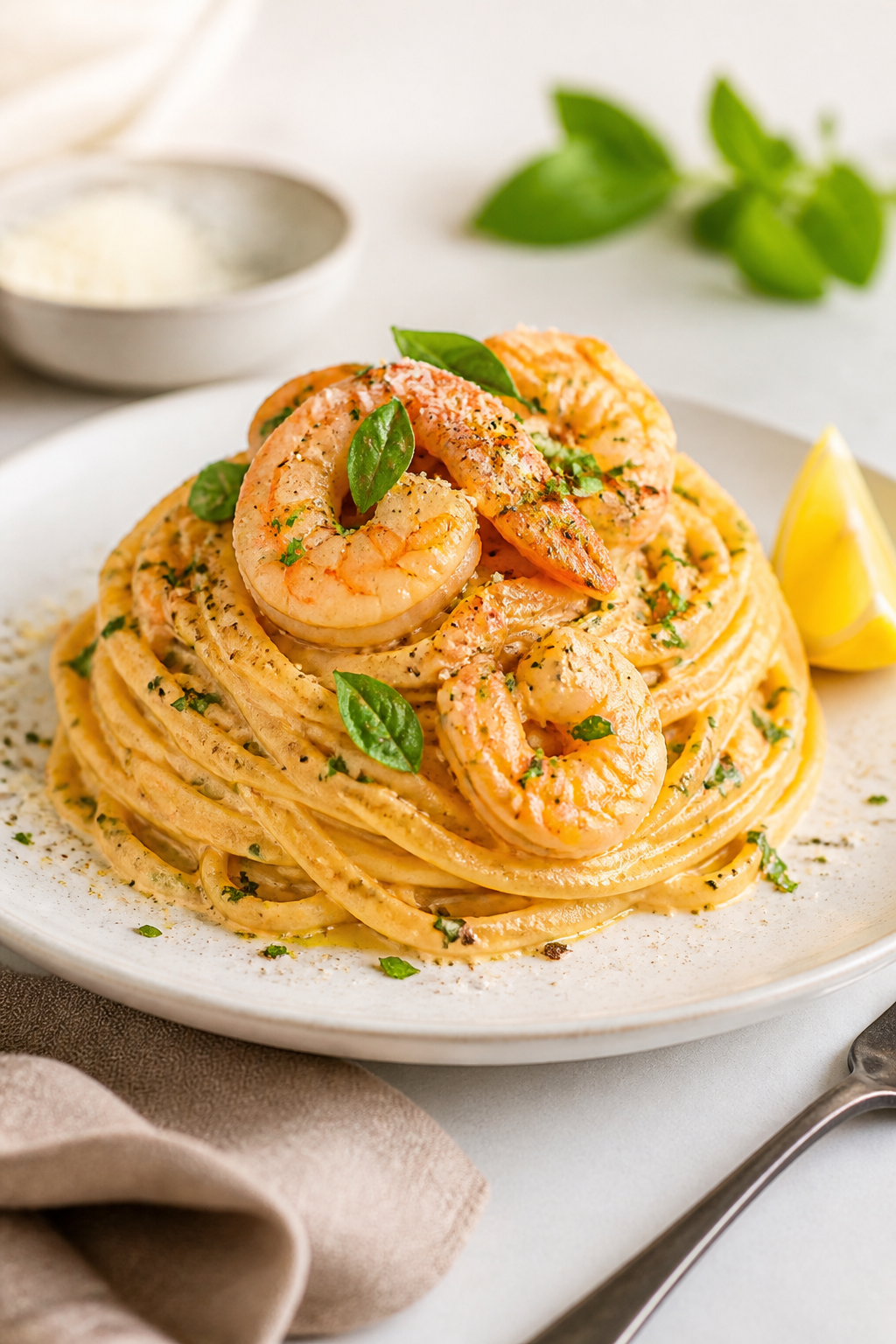 Final dish – Plated restaurant style: Beautifully plated Million Dollar High Protein Shrimp Pasta 