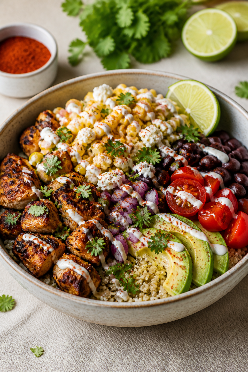 Final dish — Plated Street Corn Chicken Protein Bowl: Three-quarter angle hero shot of a ceramic b