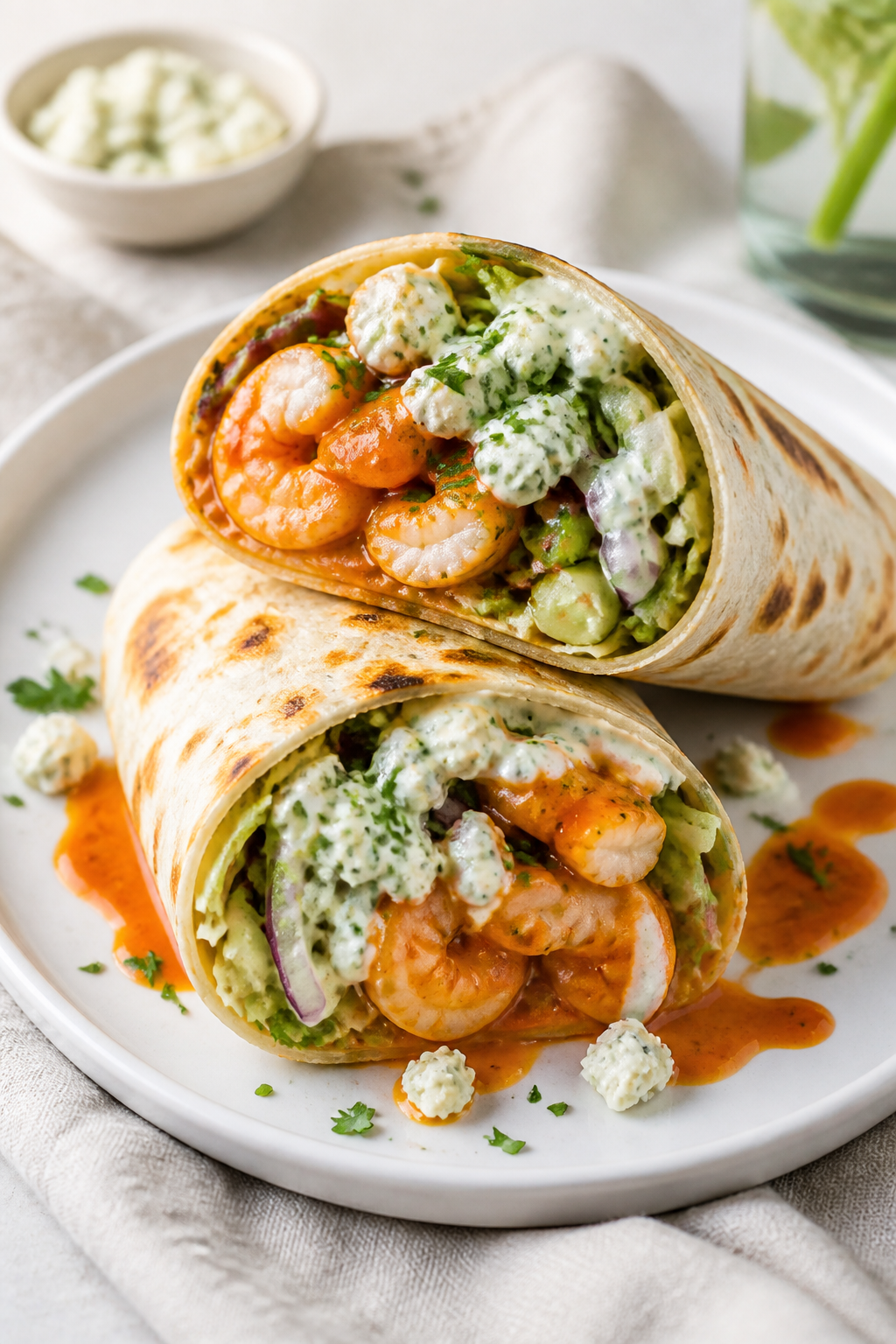Final dish, plated wrap: Buffalo Shrimp Protein Wrap sliced on a matte white oval plate, cross-secti