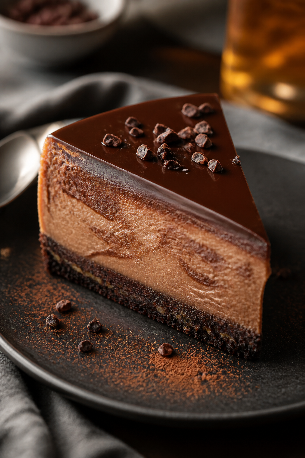 Final dish presentation: A single, neat slice of High Protein Triple Chocolate Cheesecake plated on
