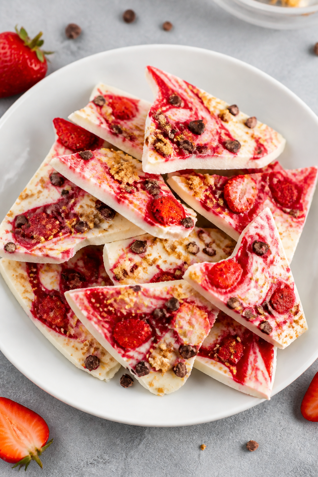 Final dish presentation: Beautifully plated assortment of bark pieces in “Strawberry Swirl Cheesec