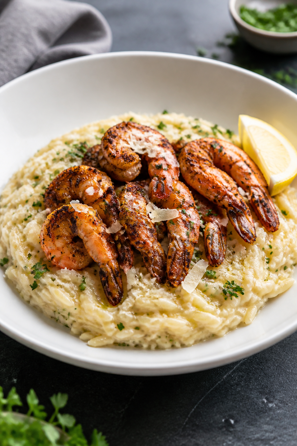 Final dish presentation: Beautifully plated Blackened Shrimp with Creamy Parmesan Orzo in a wide, sh