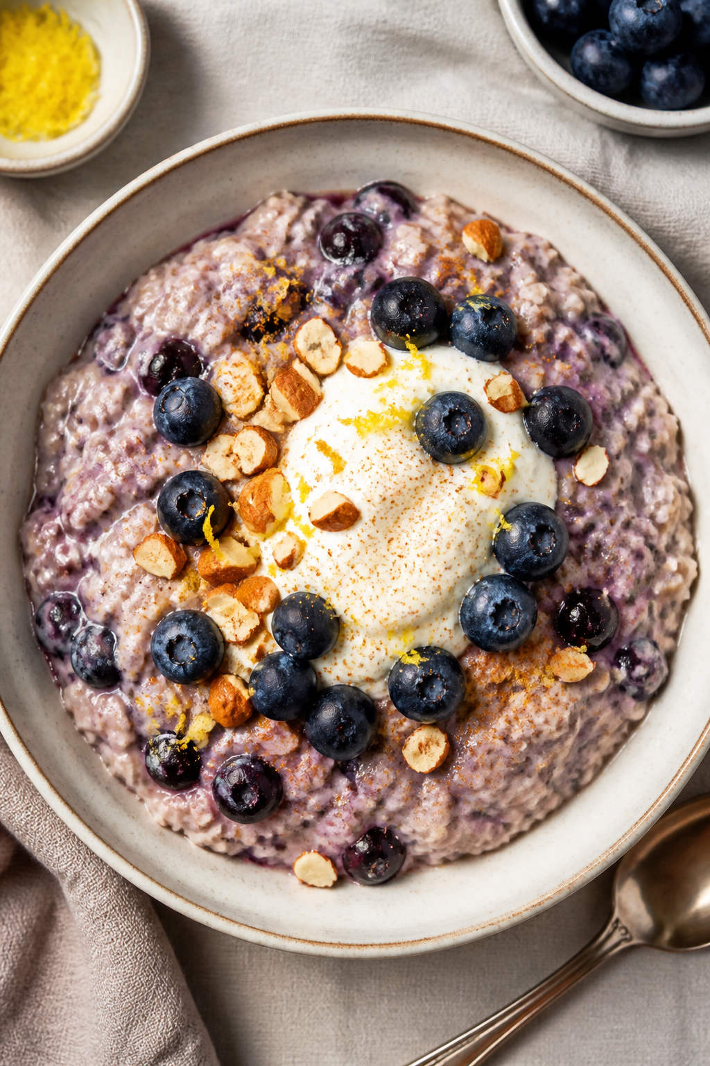 Final dish presentation: Beautifully plated Blueberry Muffin High Protein Overnight Oats served in a
