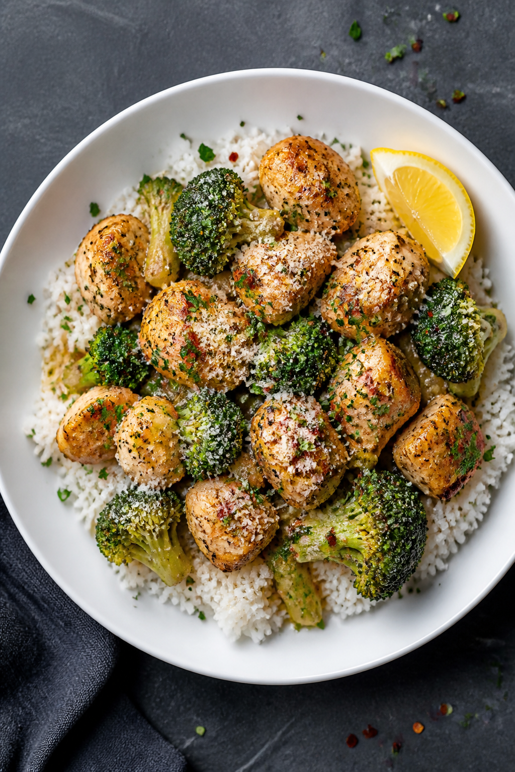 Final dish presentation: Beautifully plated Garlic Butter Chicken & Broccoli Bowl over fluffy white 