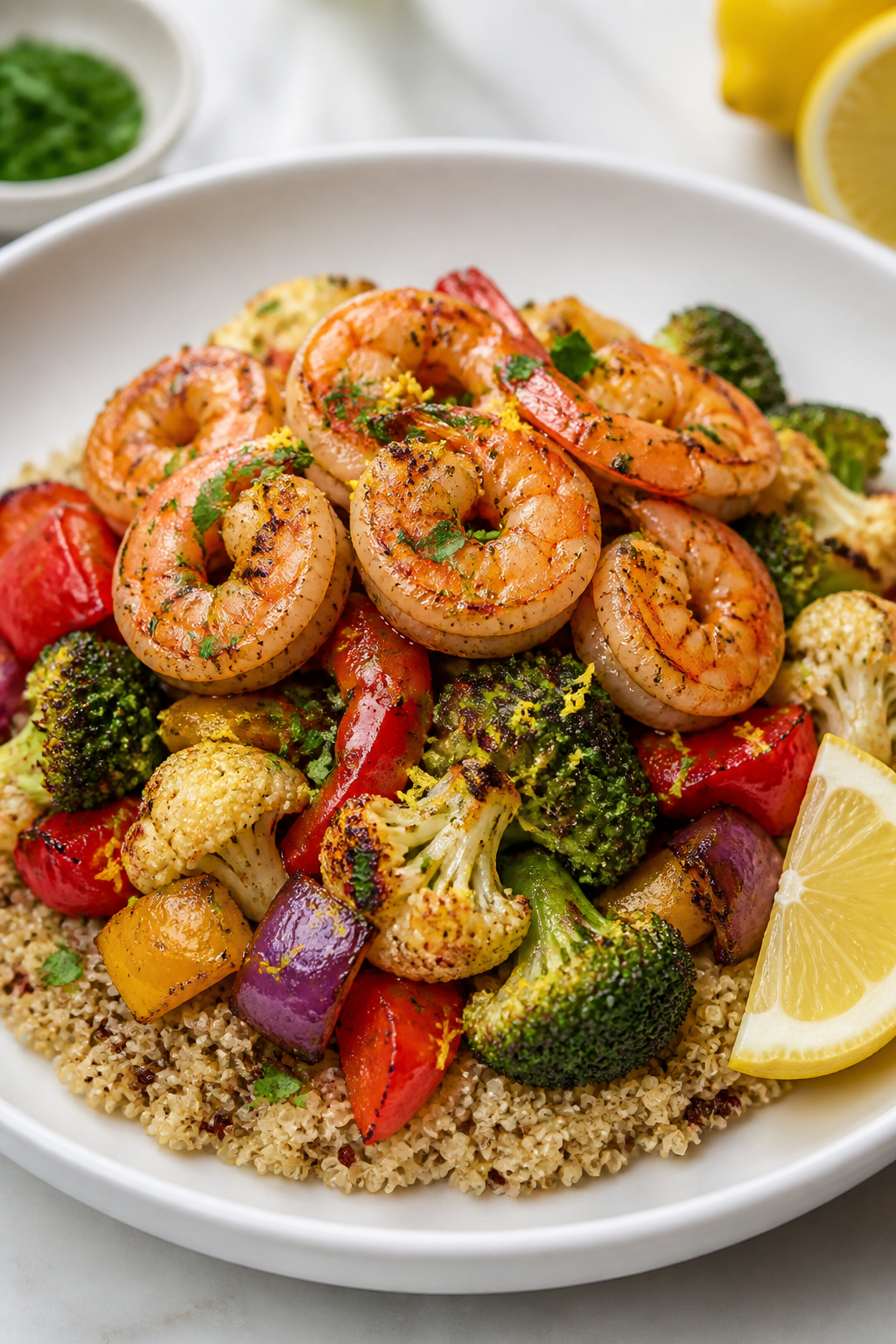 Final dish presentation: Beautifully plated Garlic Shrimp & Roasted Veggies Meal Prep bowl—fluffy 