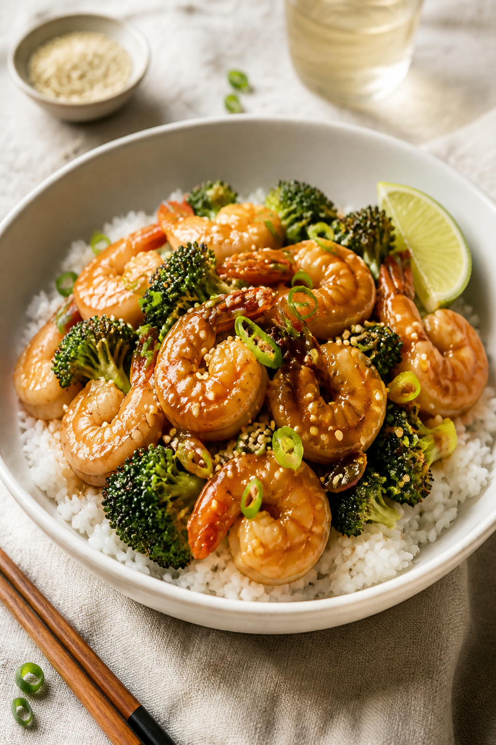 Final dish presentation: Beautifully plated Sticky Sesame Shrimp & Broccoli Bowl over fluffy jasmine