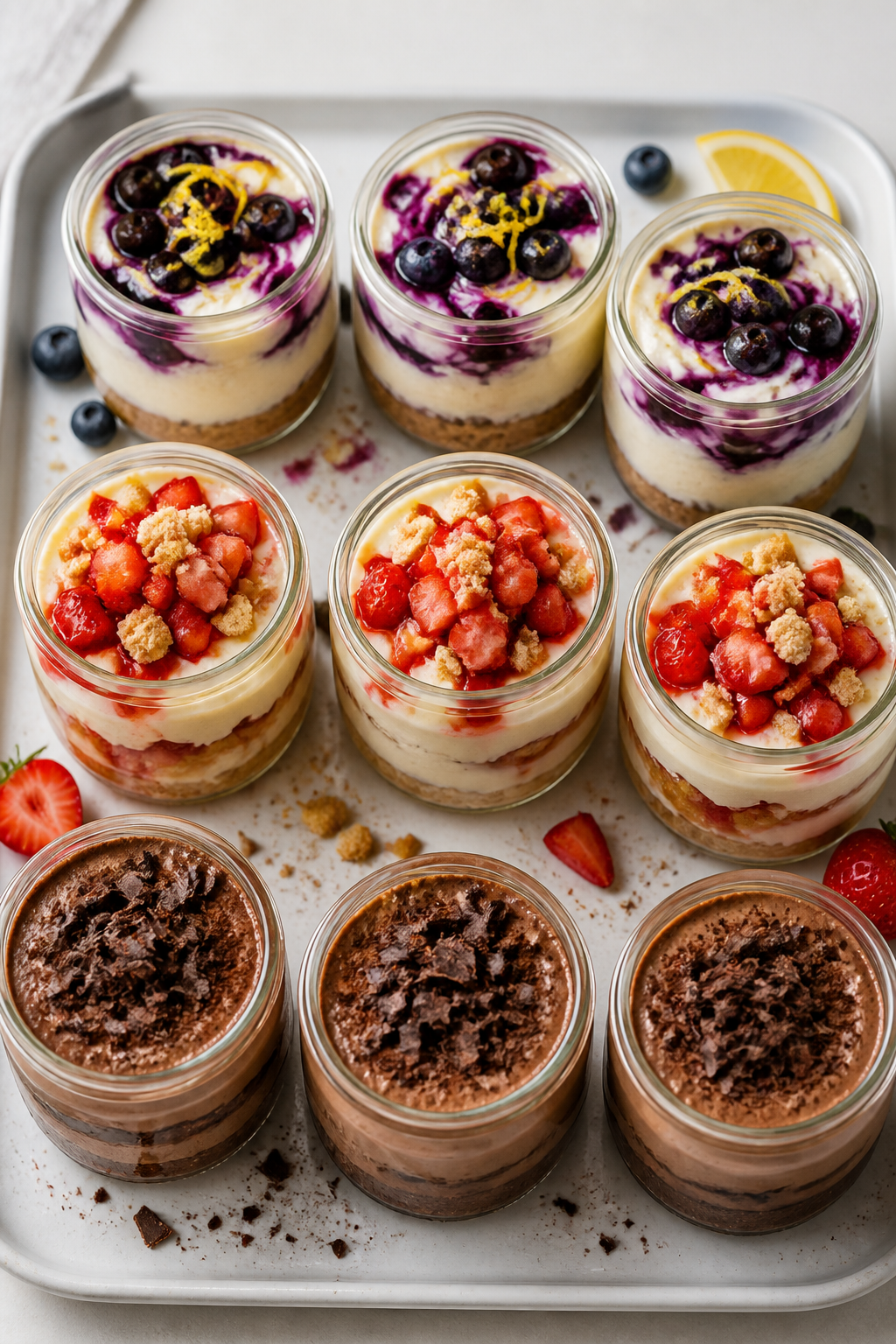 Final dish presentation: Beautifully styled assortment of high protein cheesecake jars for meal prep