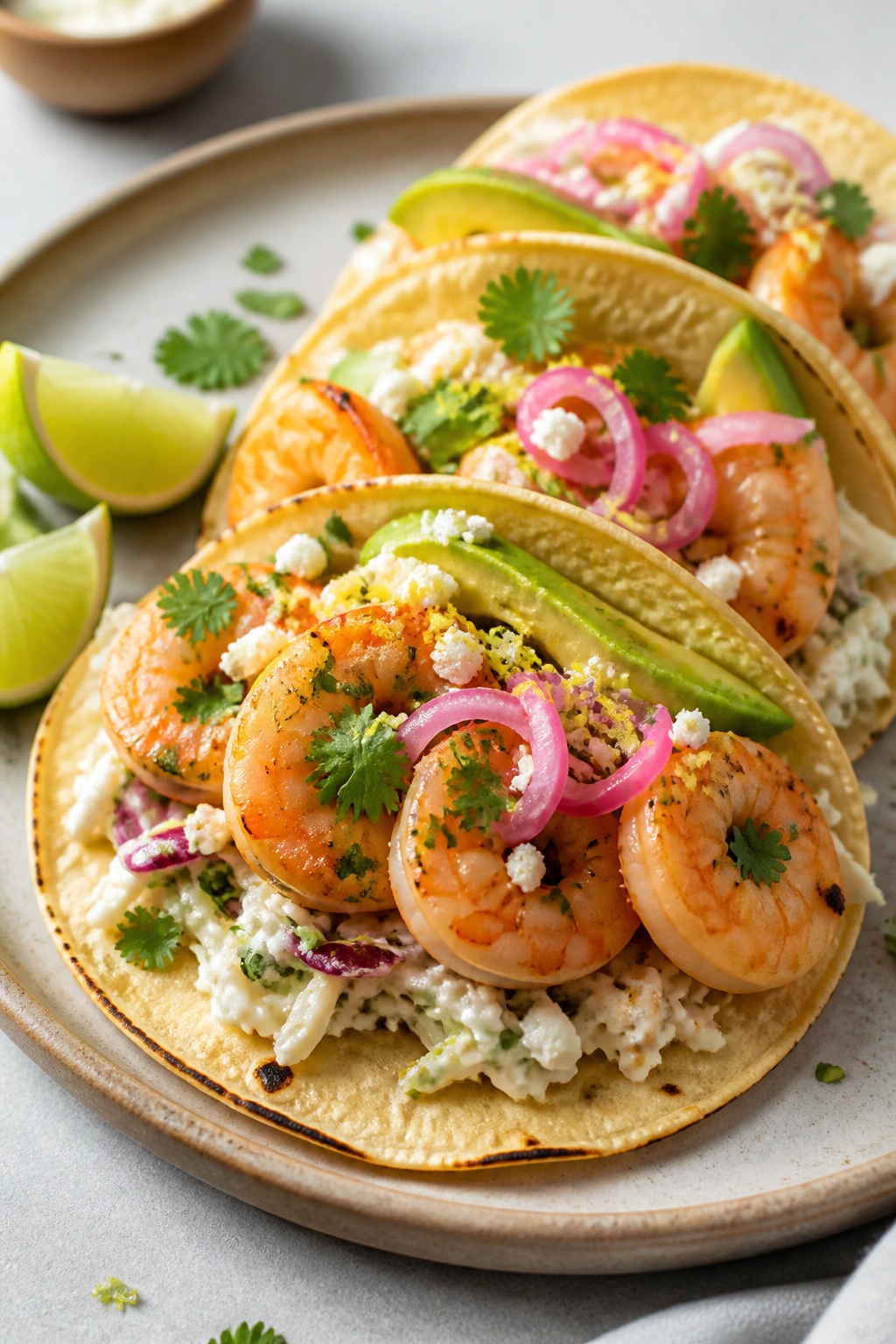 Final dish presentation: Garlic Butter Shrimp Protein Tacos assembled on a matte ceramic plate, warm