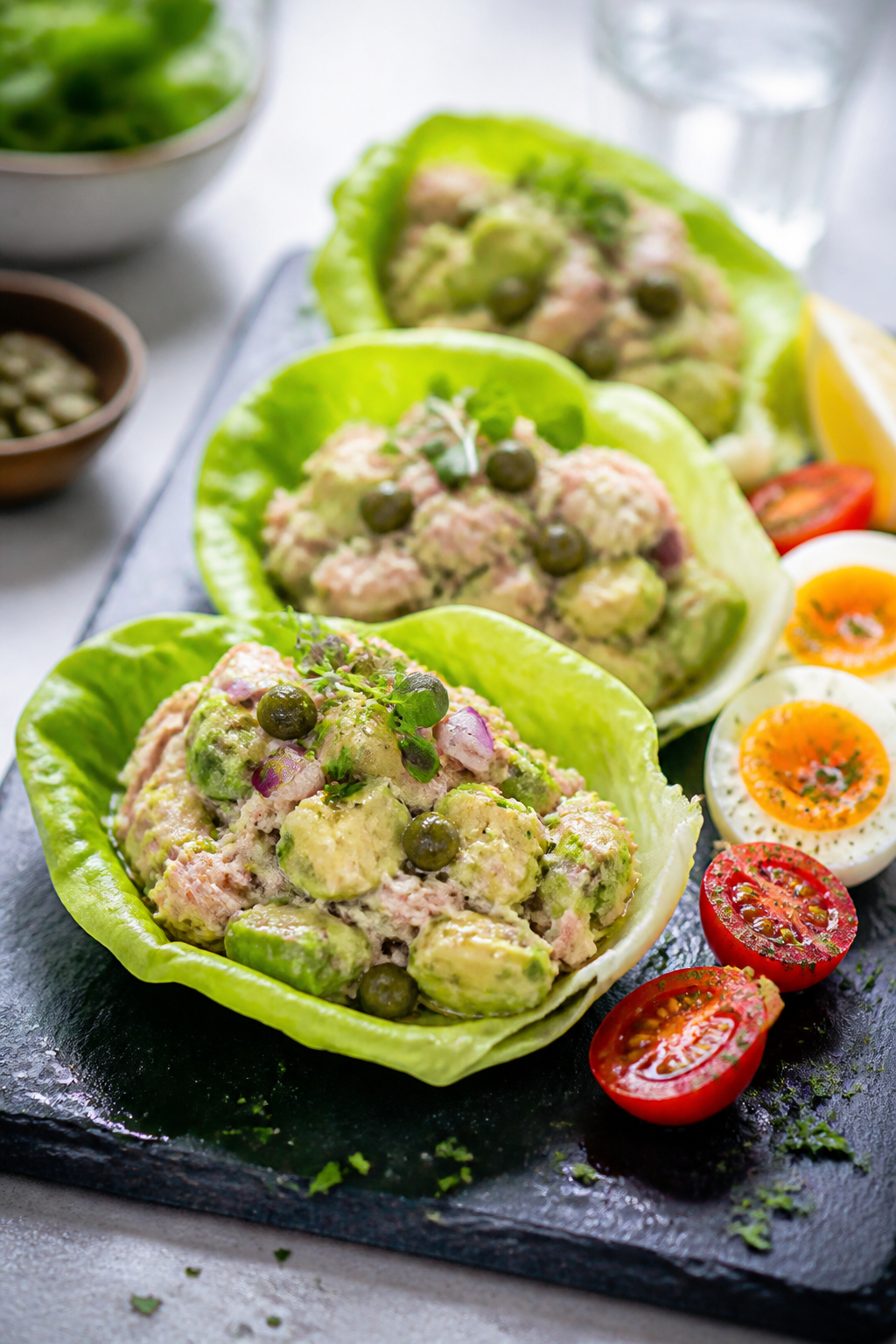 Final dish presentation: Lettuce wrap trio filled with avocado tuna salad, each cup crowned with a d