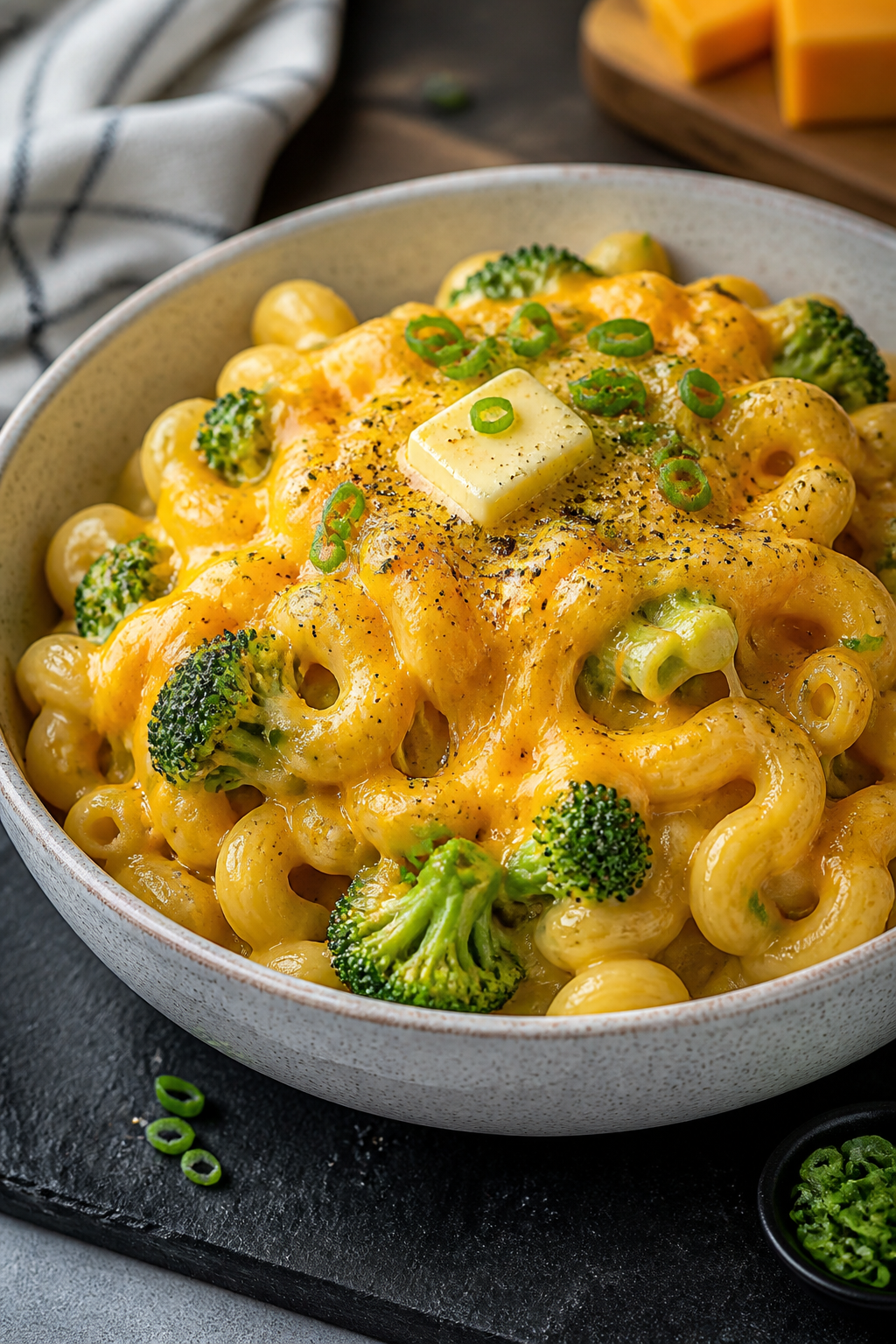 Final dish presentation: Restaurant-quality bowl of high-protein mac and cheese plated hot, extra-sh