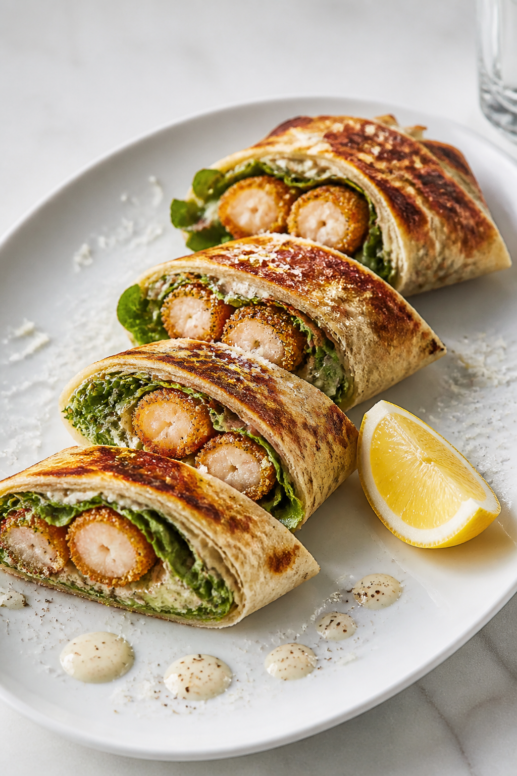 Final dish presentation: Restaurant-quality Caesar shrimp wrap, seared and rolled, sliced on a bias 