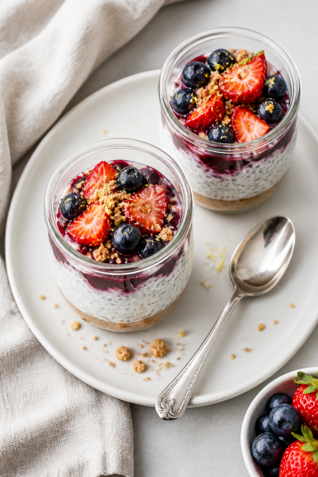 Final dish presentation: Restaurant-quality parfait jars of set cheesecake chia pudding with an opti
