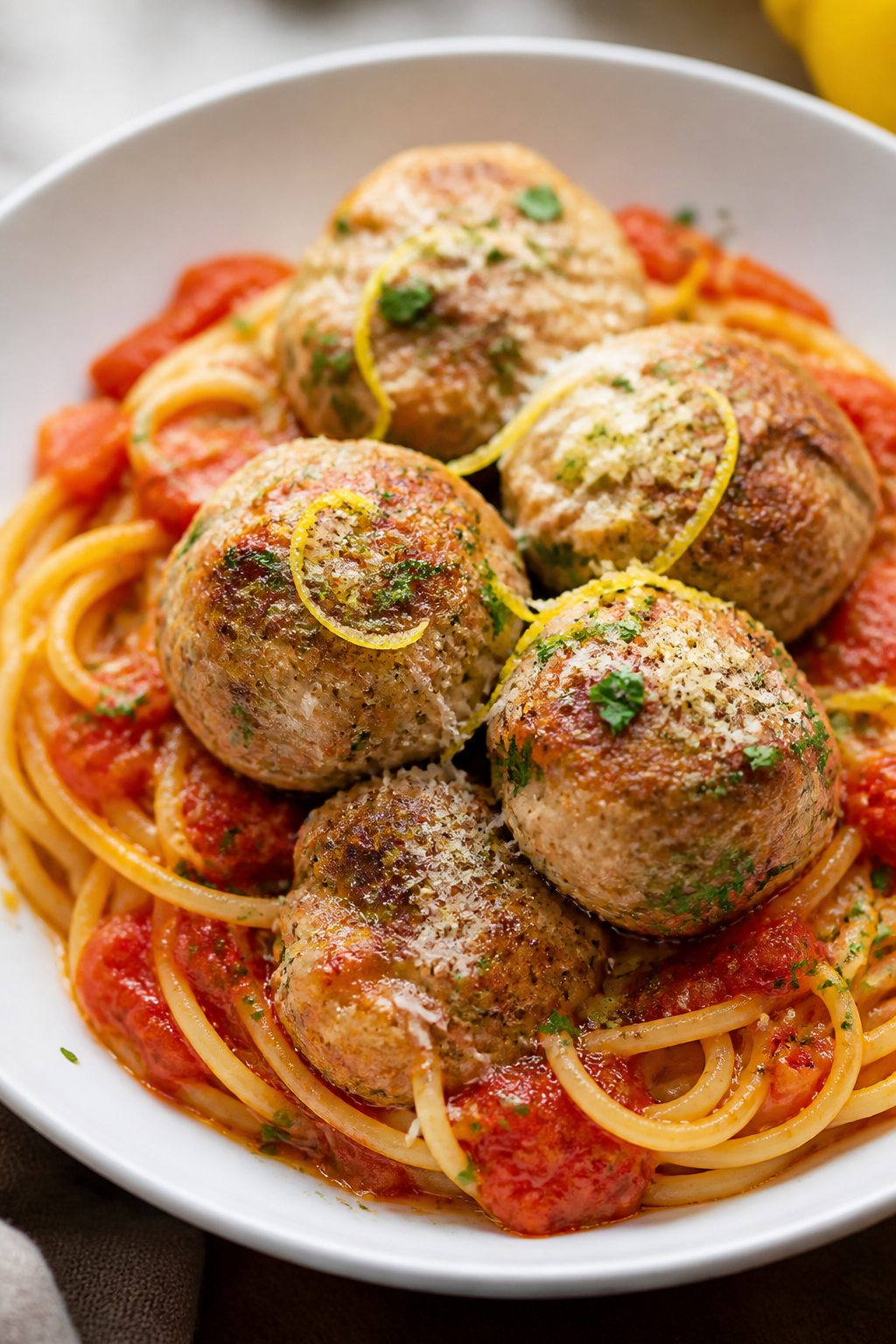 Final dish presentation: Restaurant-quality plate of Garlic Parmesan Turkey Meatballs over al dente 