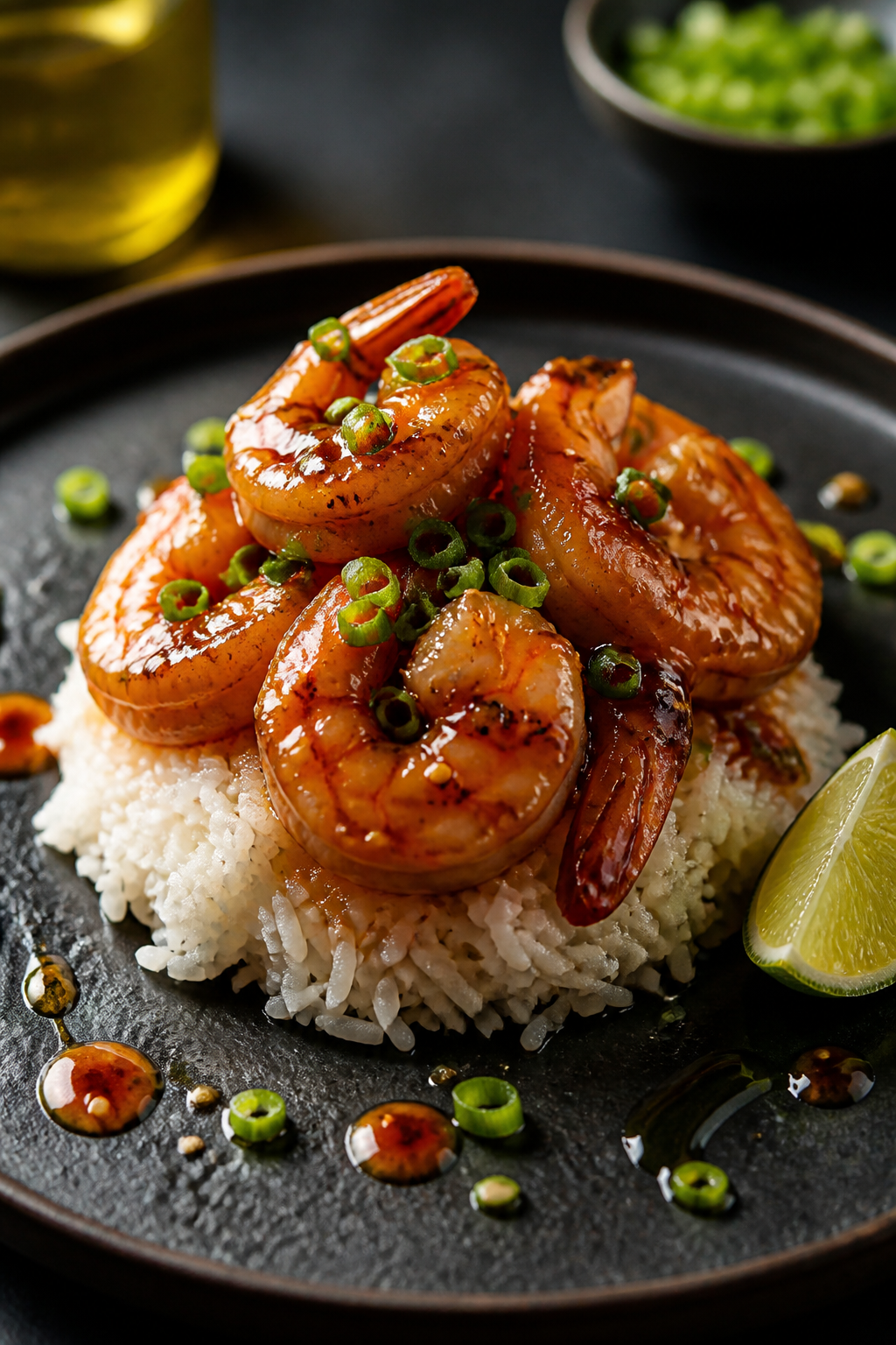 Final dish presentation: Restaurant-quality plate of High Protein Honey Garlic Shrimp & Rice—neatl
