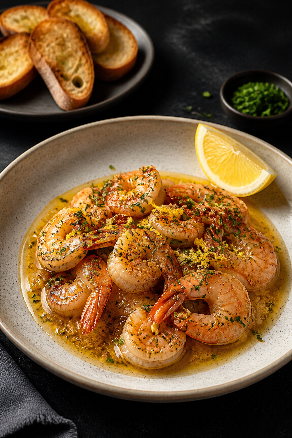 Final dish presentation: Restaurant-quality plated garlic butter shrimp served with crusty bread for