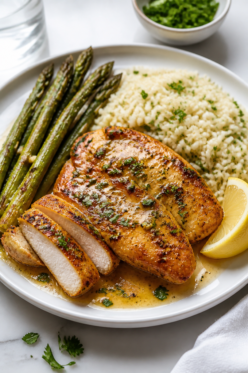 Final dish presentation: Restaurant-quality plated lemon pepper chicken on a white rimmed plate, two