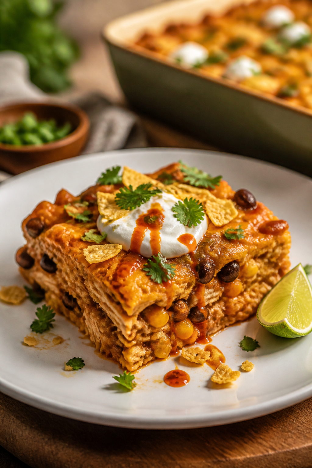 Final dish presentation: Restaurant-quality plated portion of Chicken Taco Casserole on a matte whit