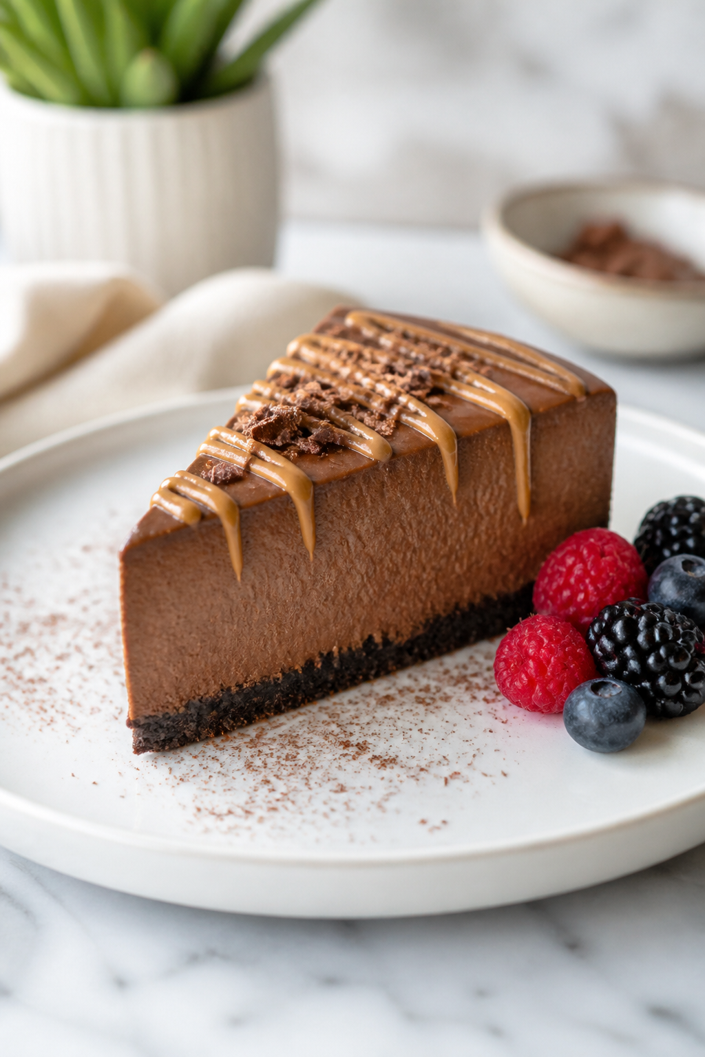 Final dish presentation: Restaurant-quality plated dessert—one thick slice of the high-protein cho