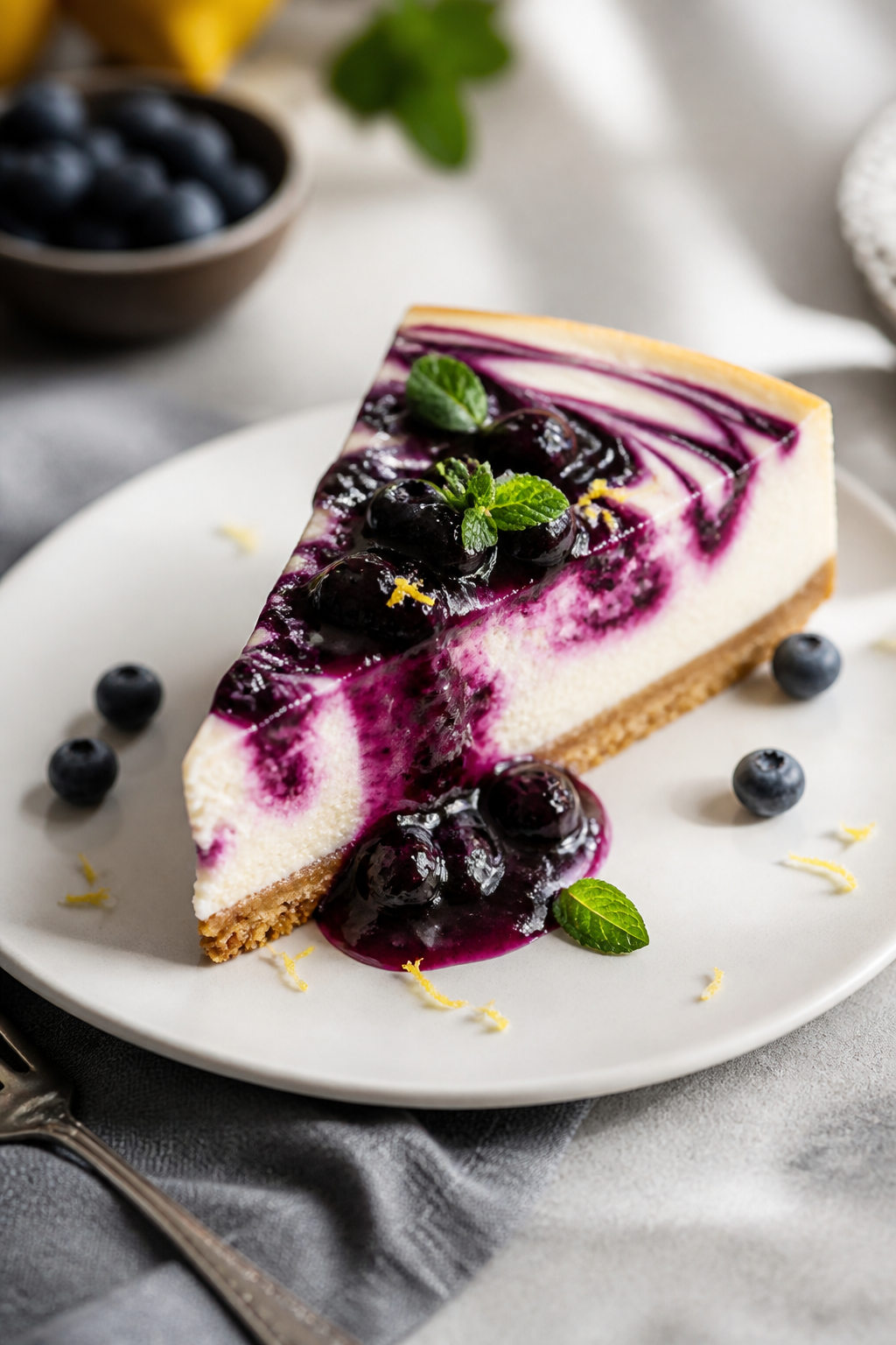 Final dish presentation: Restaurant-quality plated slice of High Protein Blueberry Cheesecake on a m