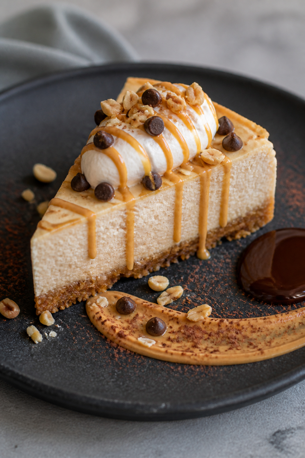 Final dish presentation: Restaurant-quality plated wedge of the cheesecake with a gluten-free almond