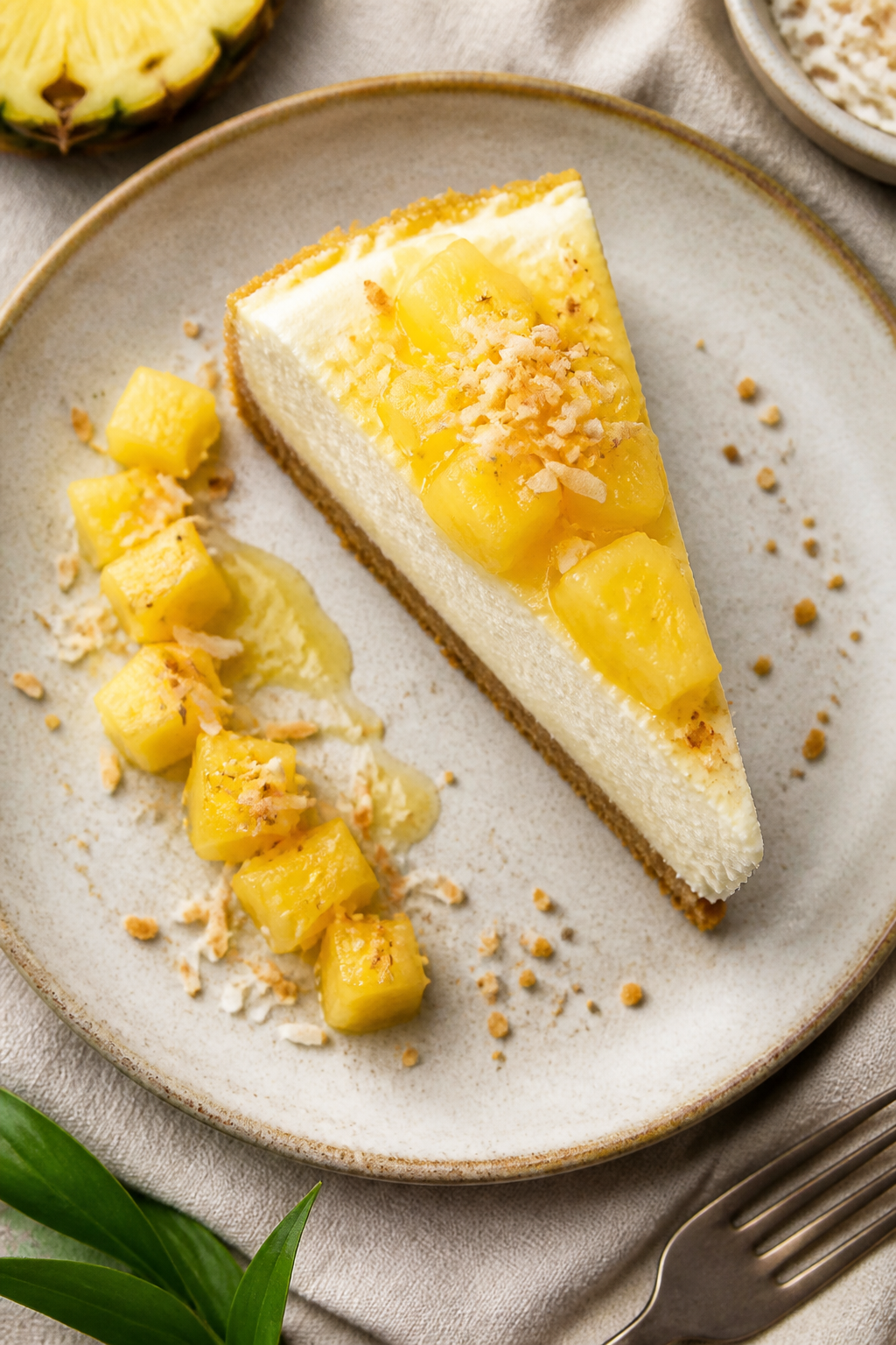 Final dish presentation: Restaurant-quality plated wedge of High Protein Pineapple Cheesecake on a m
