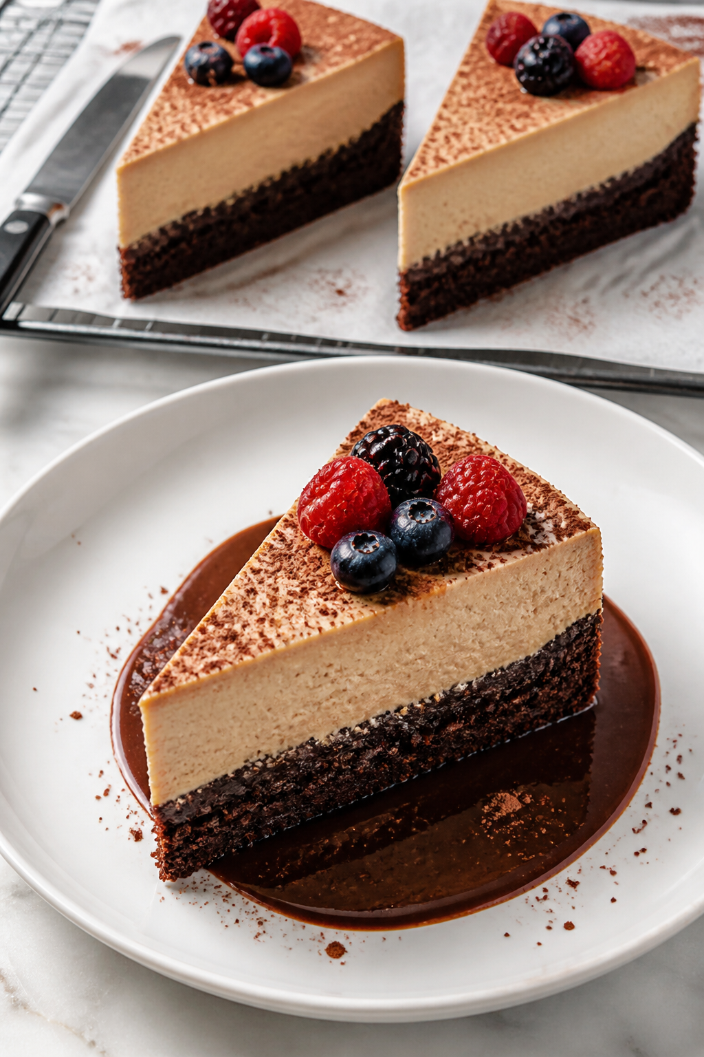 Final dish presentation: Restaurant-quality plated wedge of the cheesecake on a white ceramic plate