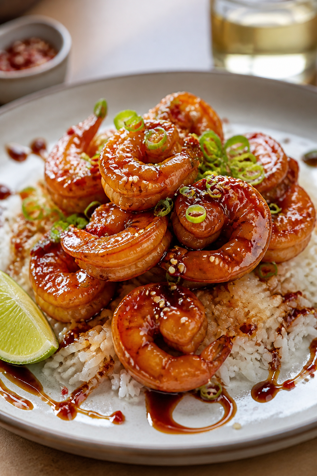 Final dish presentation: Restaurant-quality plated shrimp over a bed of warm basmati on a wide, shal