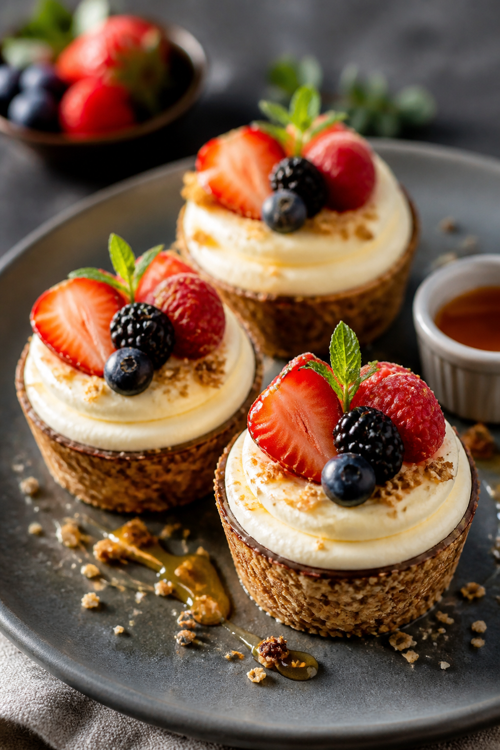Final dish presentation: Restaurant-quality plated trio of Cheesecake Granola Cups on a slate-gray p