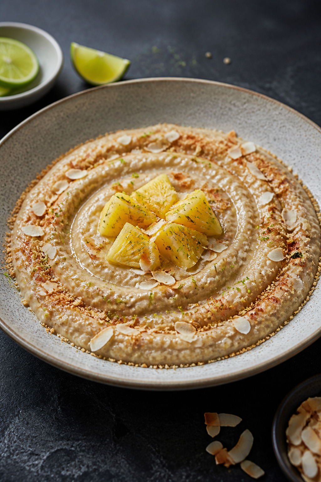 Final dish presentation: Restaurant-quality plated version in a wide, shallow bowl—silky oatmeal s