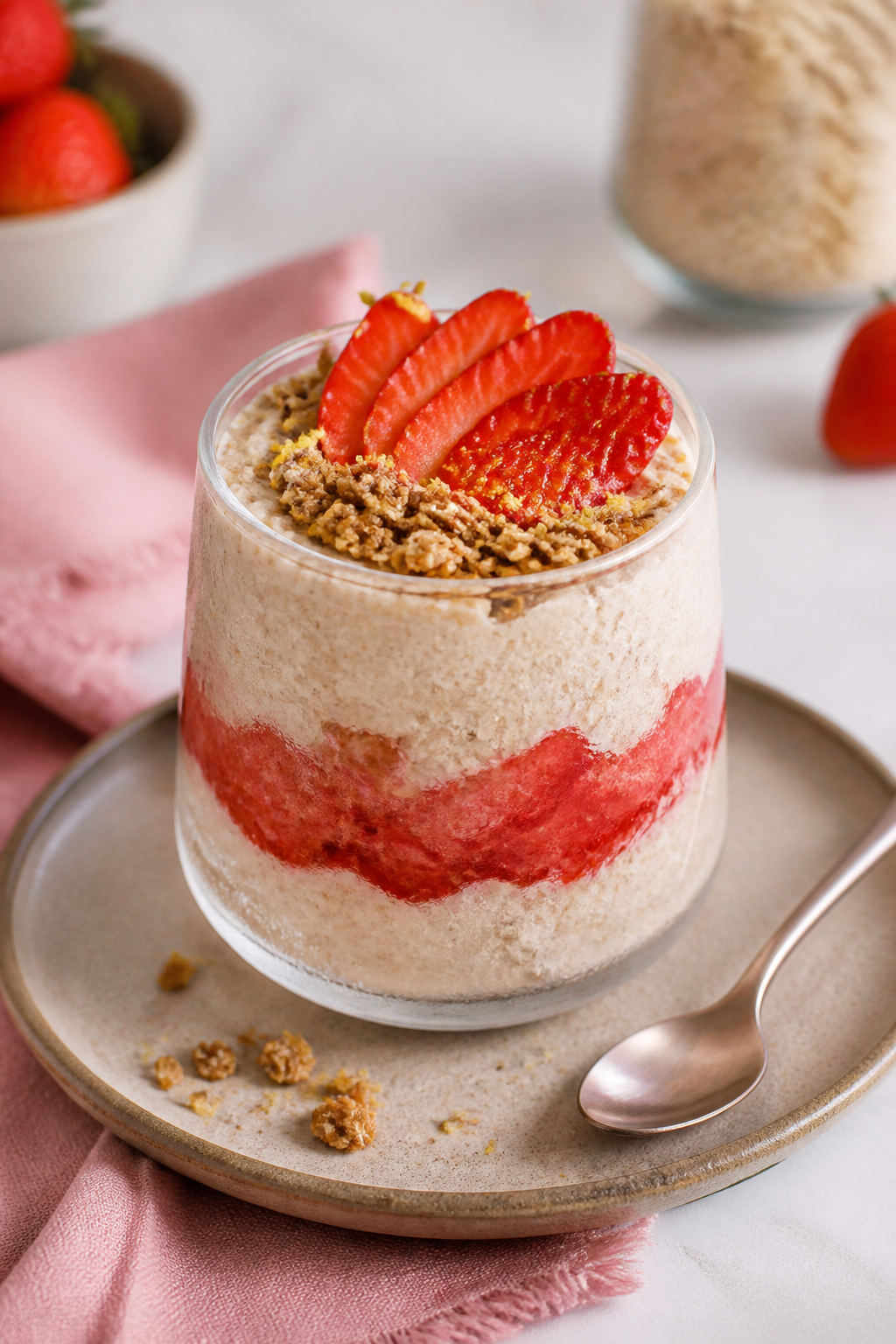 Final dish presentation: Restaurant-quality plated parfait-style overnight oats layered in a short, 