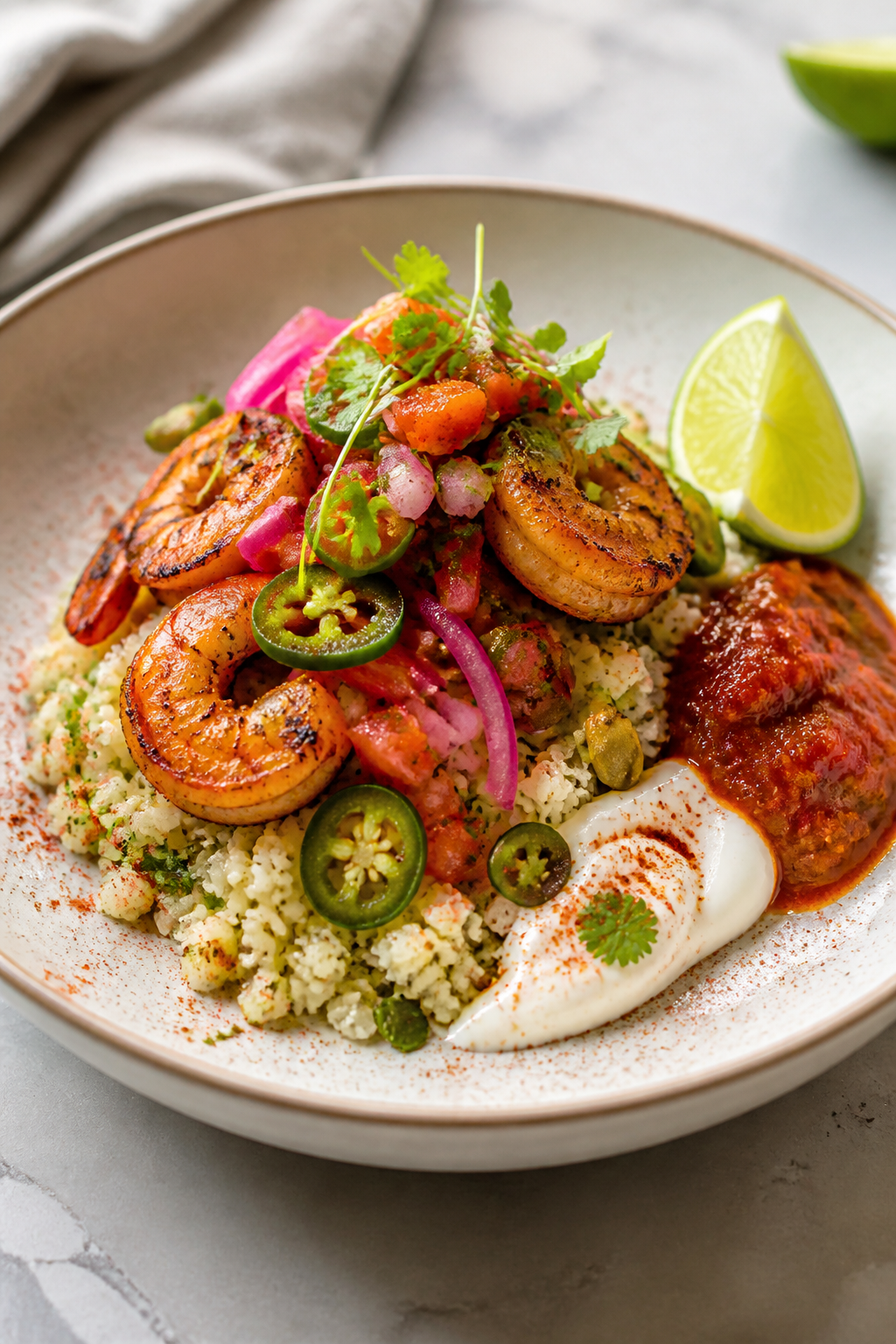 Final dish presentation: Restaurant-quality plated Garlic Lime Shrimp Taco Bowl variation—cauliflo