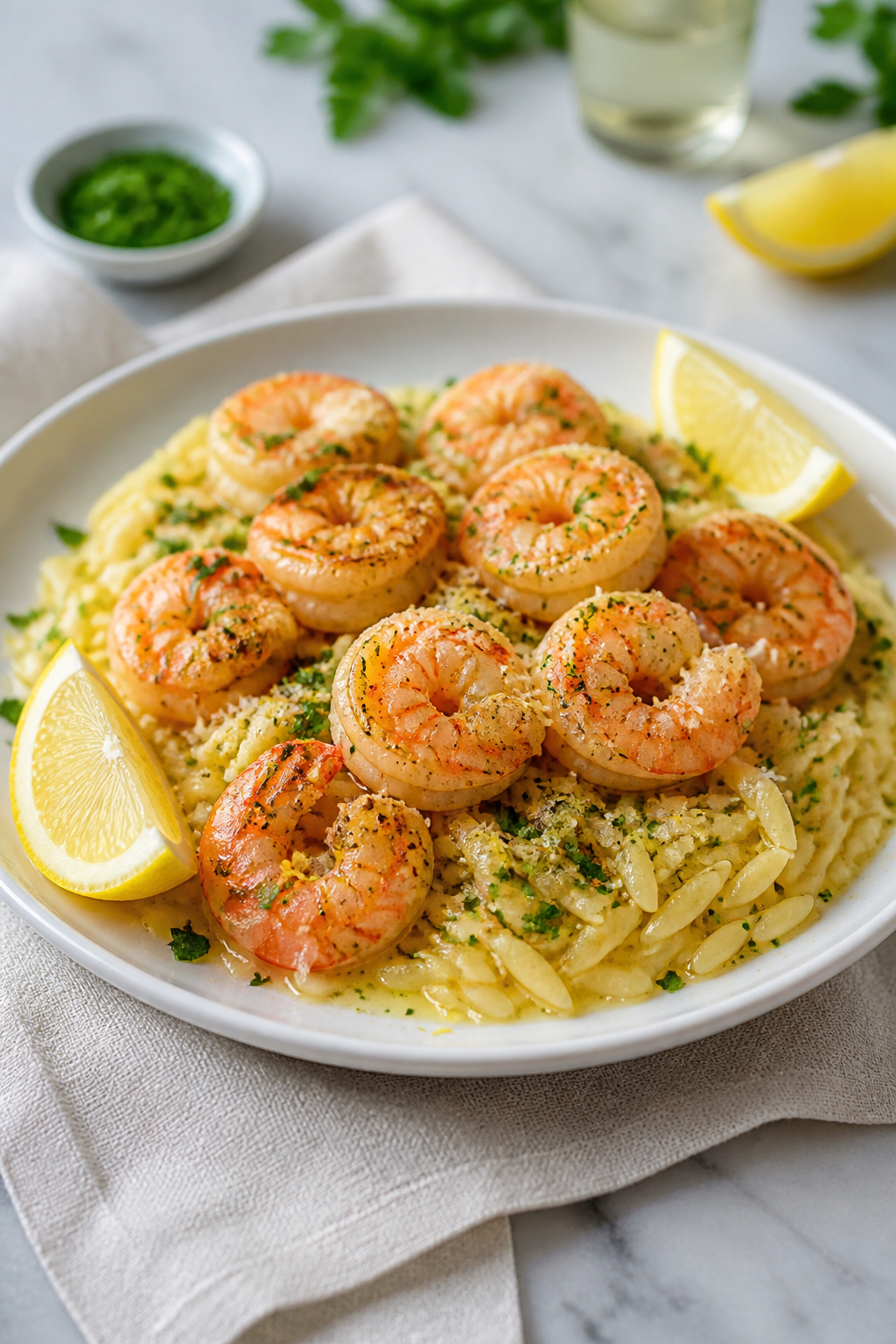 Final dish presentation: Restaurant-quality plated Air Fryer Garlic Parmesan Shrimp over buttery orz