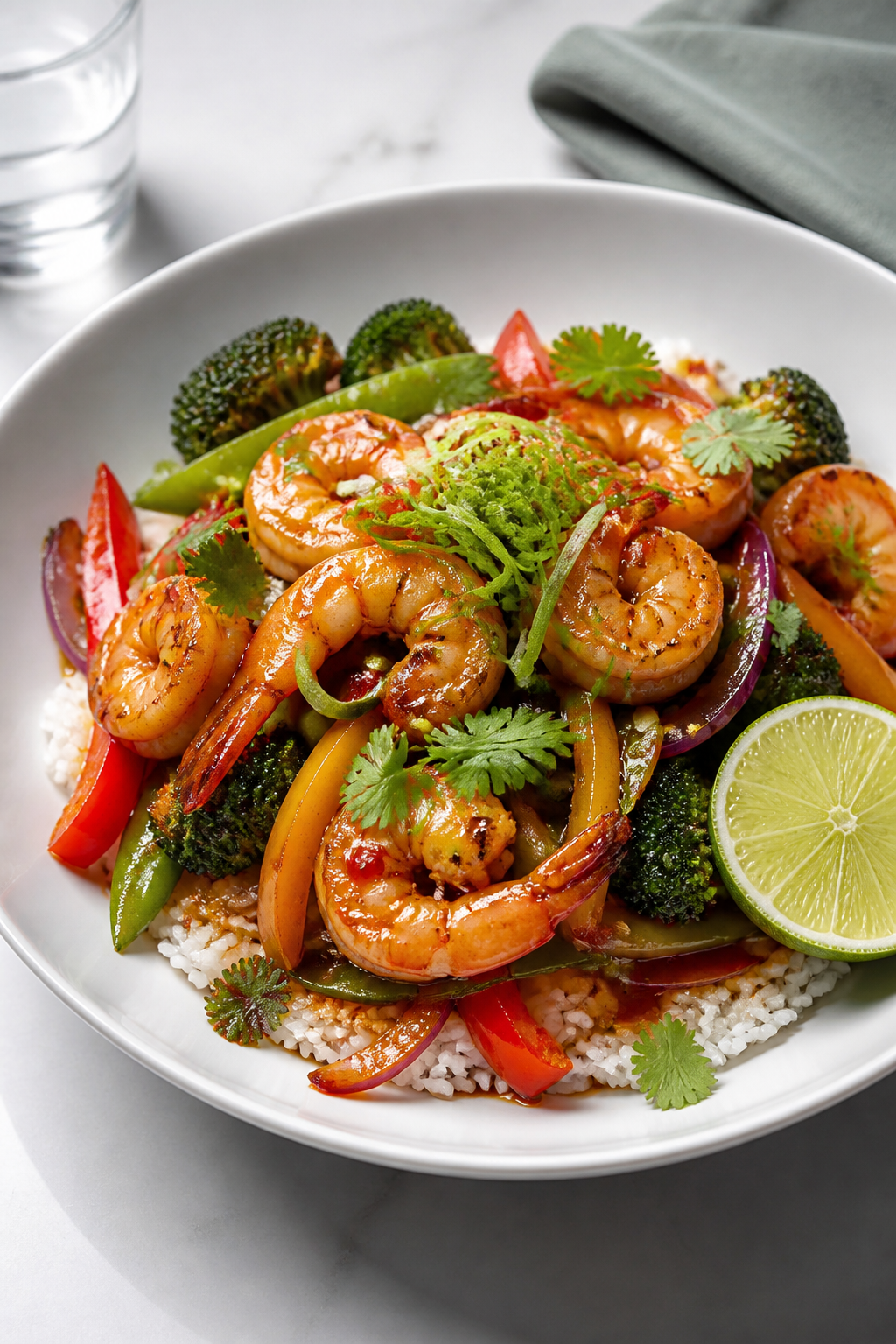 Final dish presentation: Restaurant-quality plated Garlic Chili Shrimp & Rice bowl—mounded jasmine