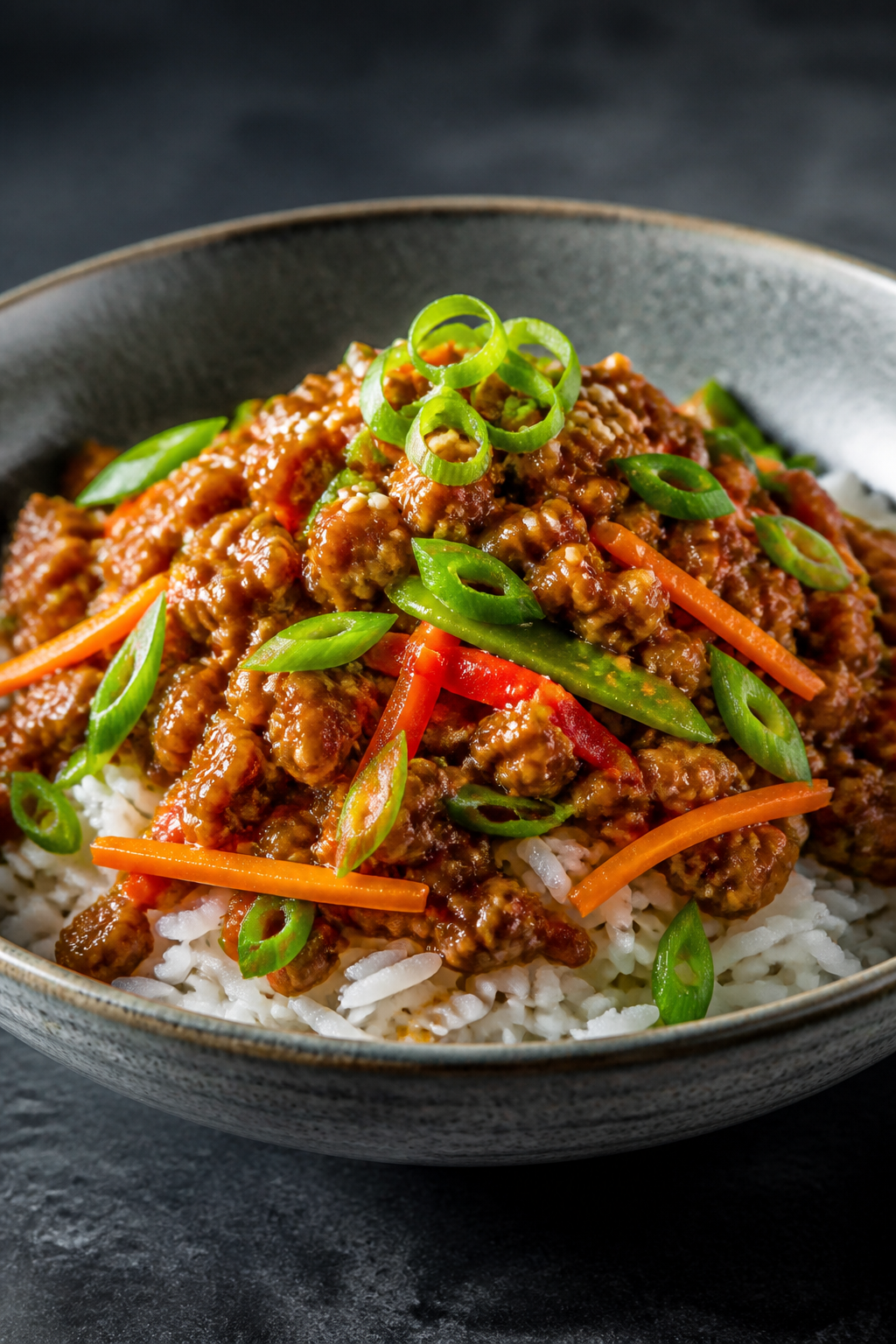 Final dish presentation: Restaurant-quality plated bowl of honey garlic ground turkey with a low, wi