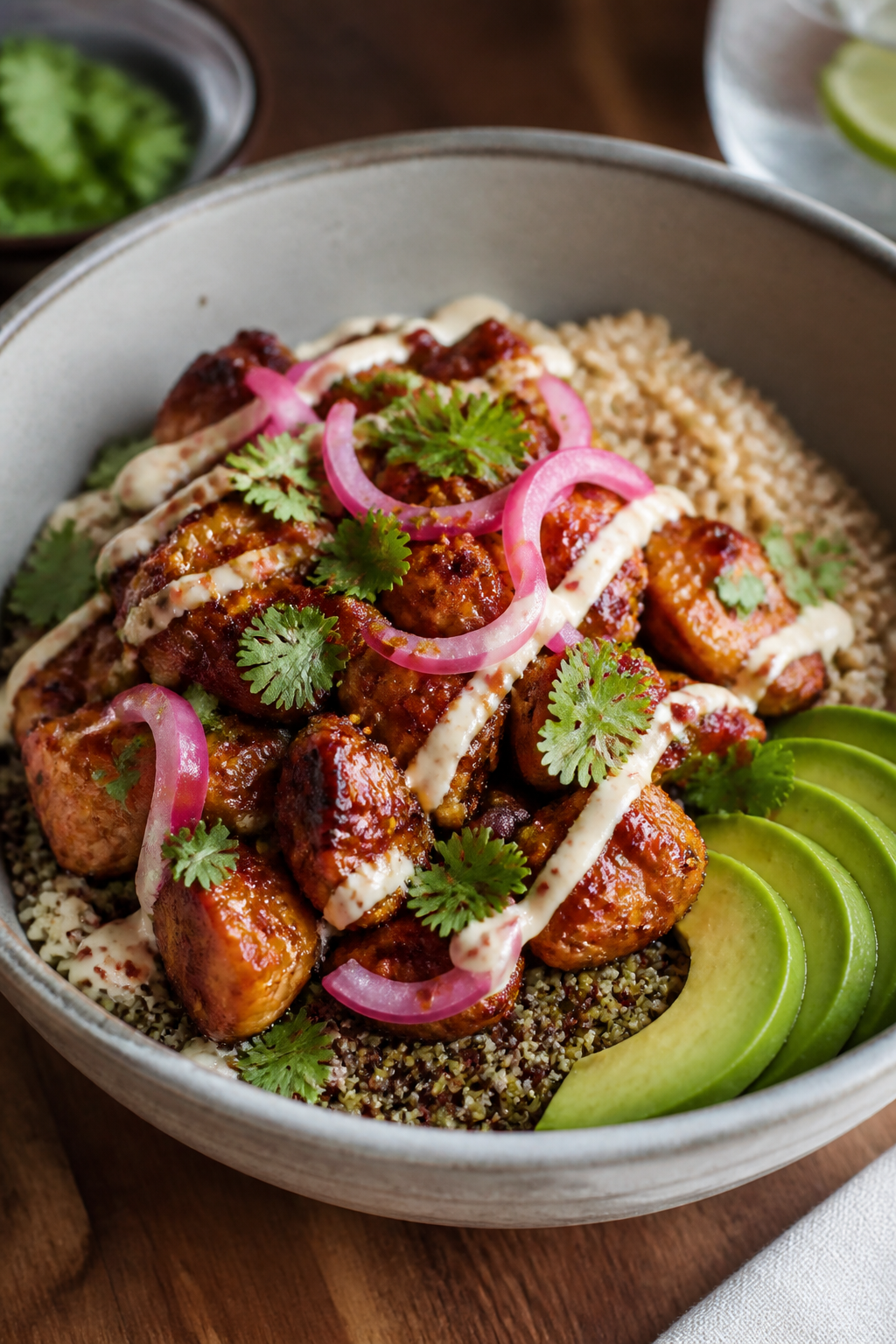 Final dish presentation: Restaurant-quality plated bowl focusing on texture layers—quinoa base top
