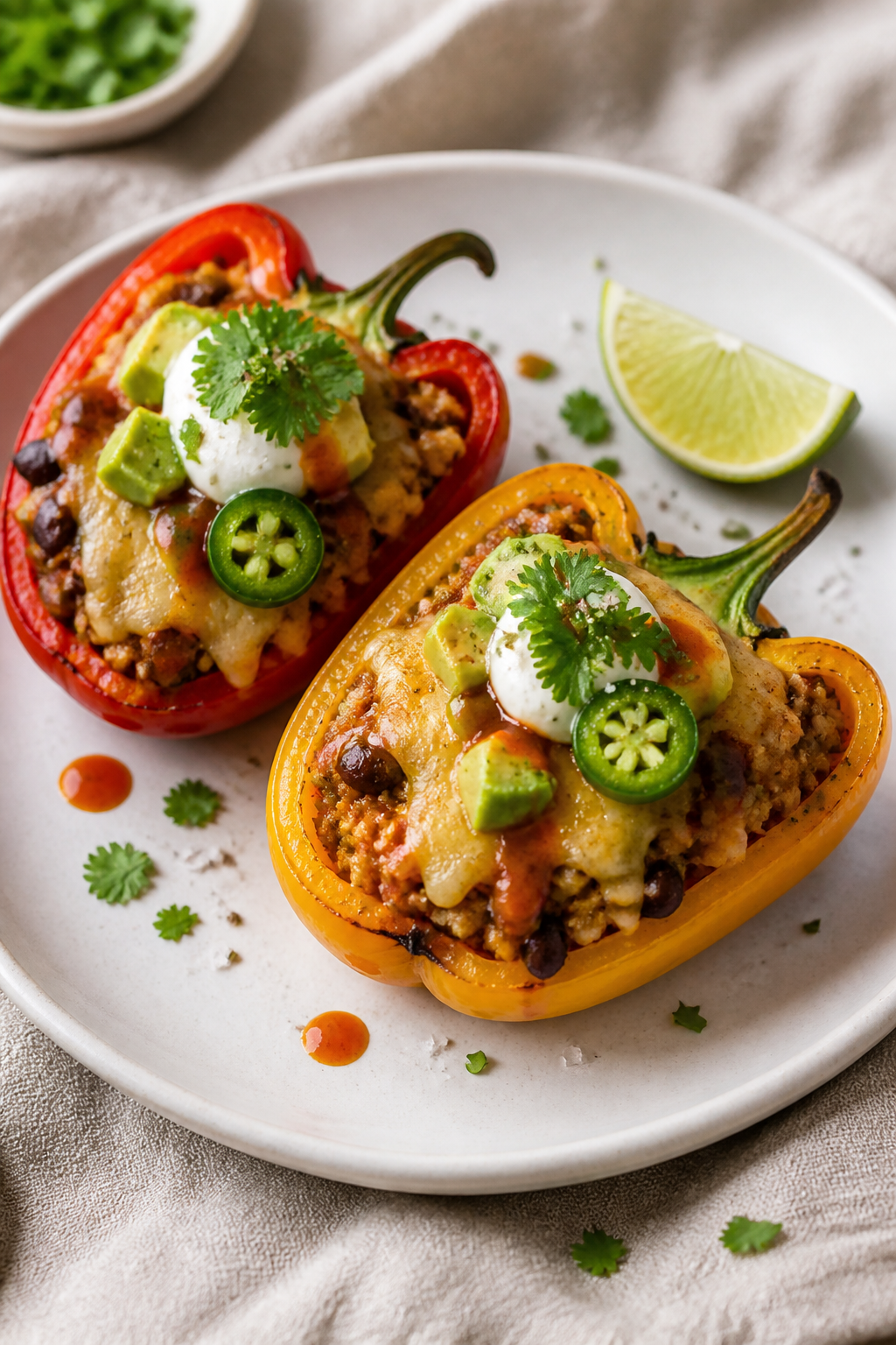 Final dish presentation: Restaurant-quality plated High Protein Taco Stuffed Peppers—two colorful 