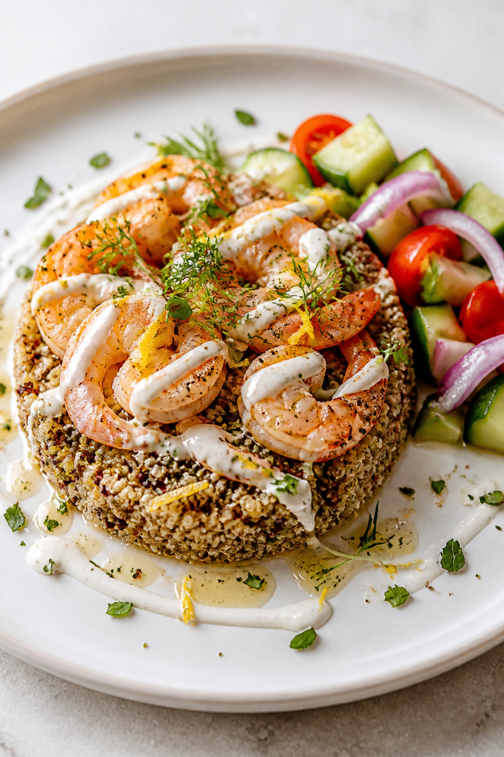 Final dish presentation: Restaurant-quality plated shrimp and quinoa with a fresh, modern look—qui