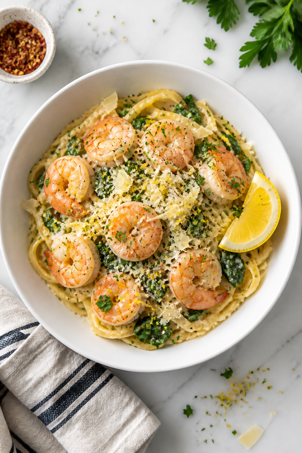 Final dish presentation: Restaurant-quality plating of Creamy Shrimp & Spinach Protein Skillet over