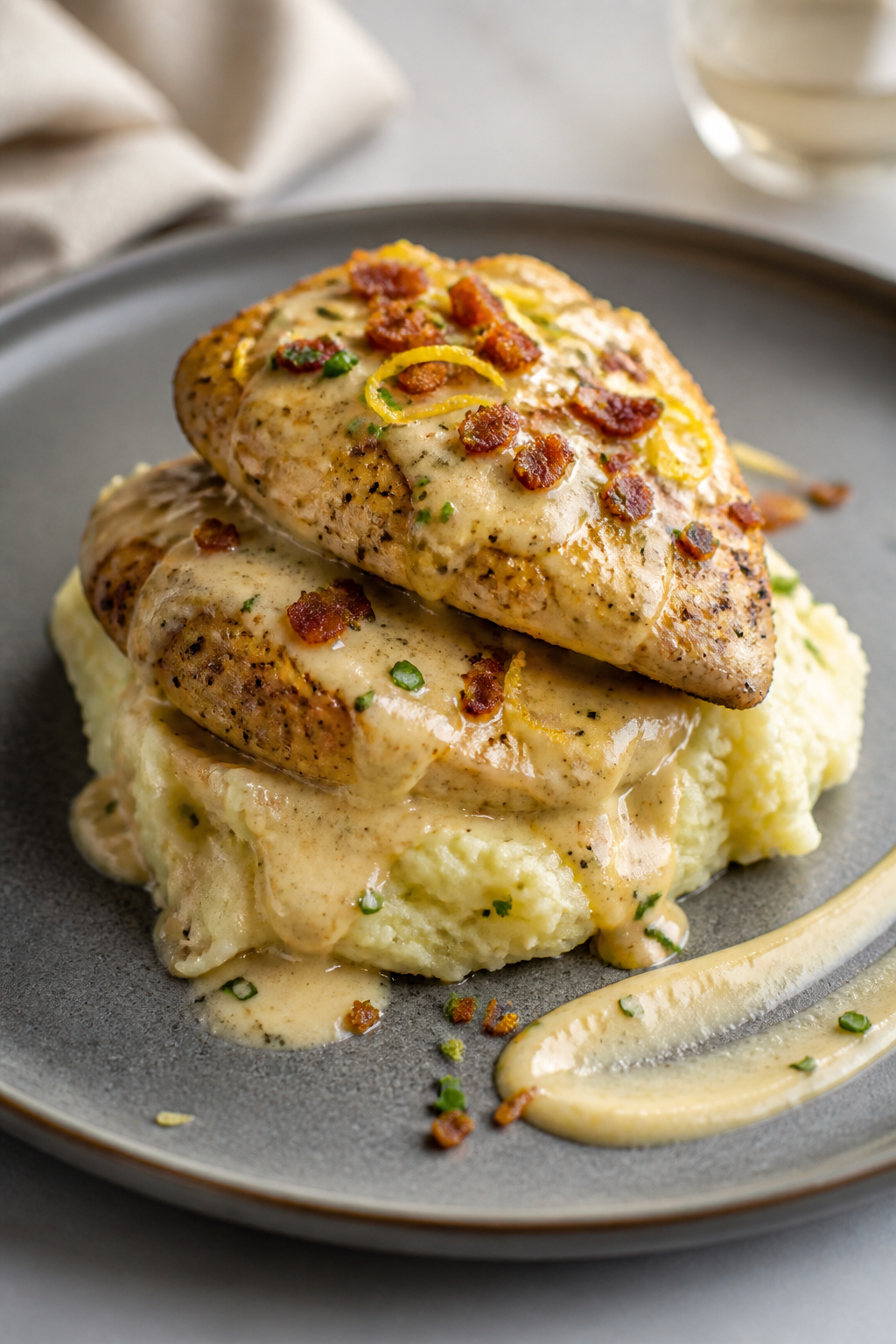 Final dish presentation: Restaurant-style plating of Creamy Garlic Parmesan Chicken atop buttery mas