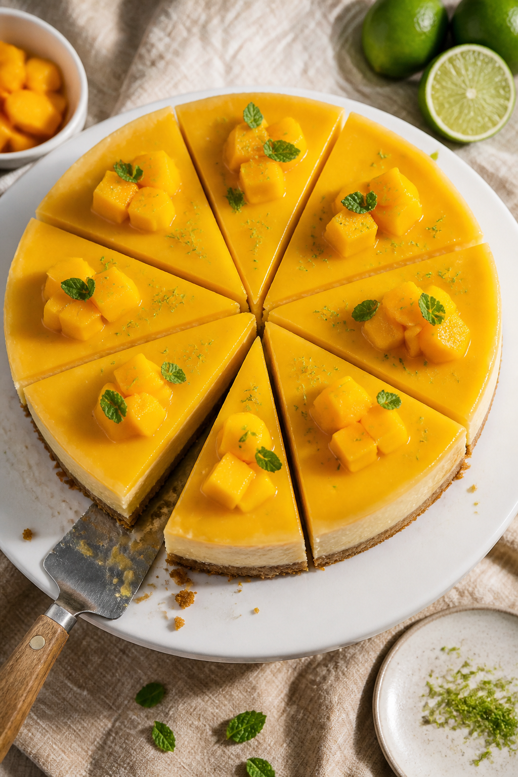 Final dish presentation: Tasty of the finished high-protein mango cheesecake, fully set and glossy, 