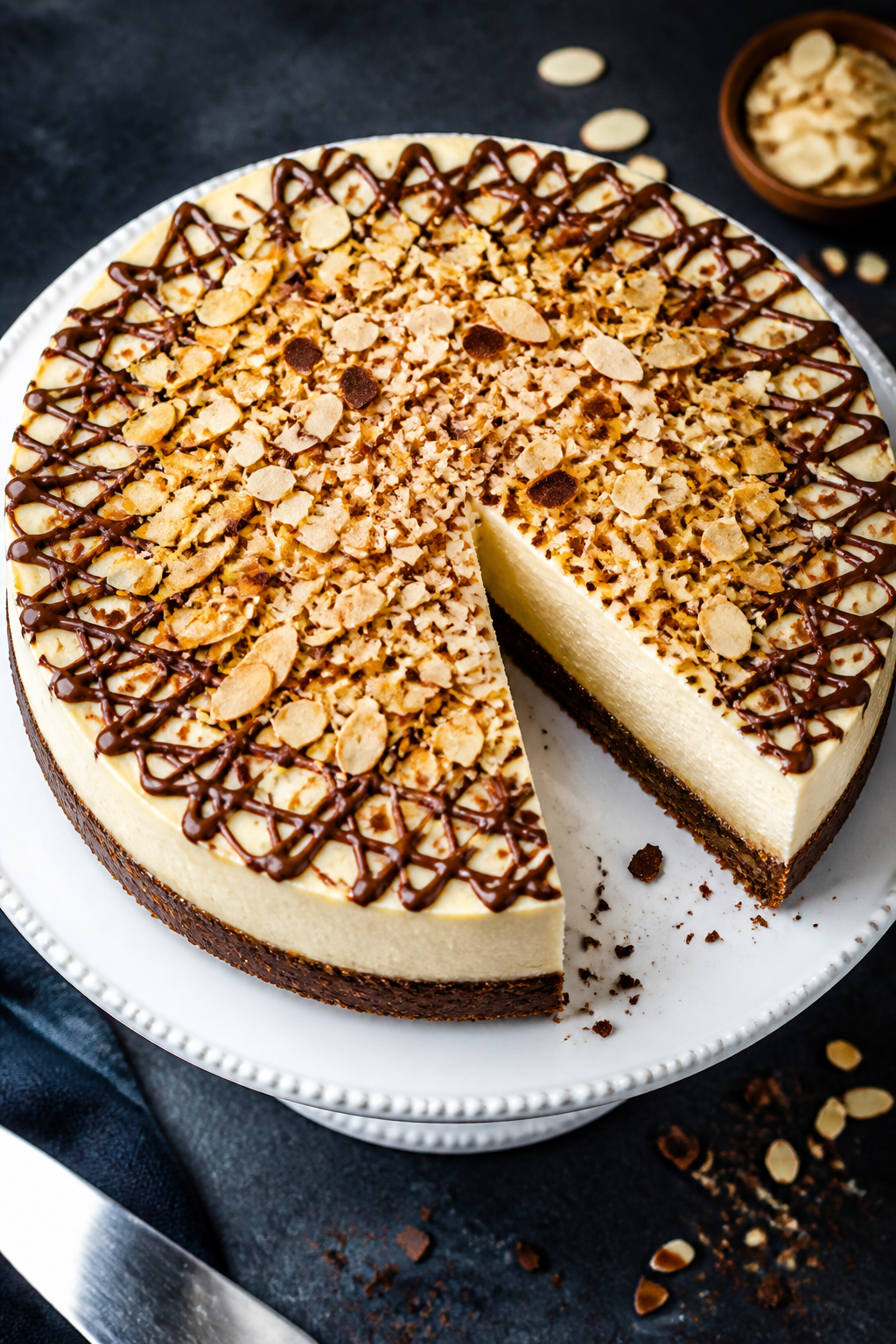 Final dish presentation: Tasty of the whole cheesecake fully finished—even chocolate drizzle in cr