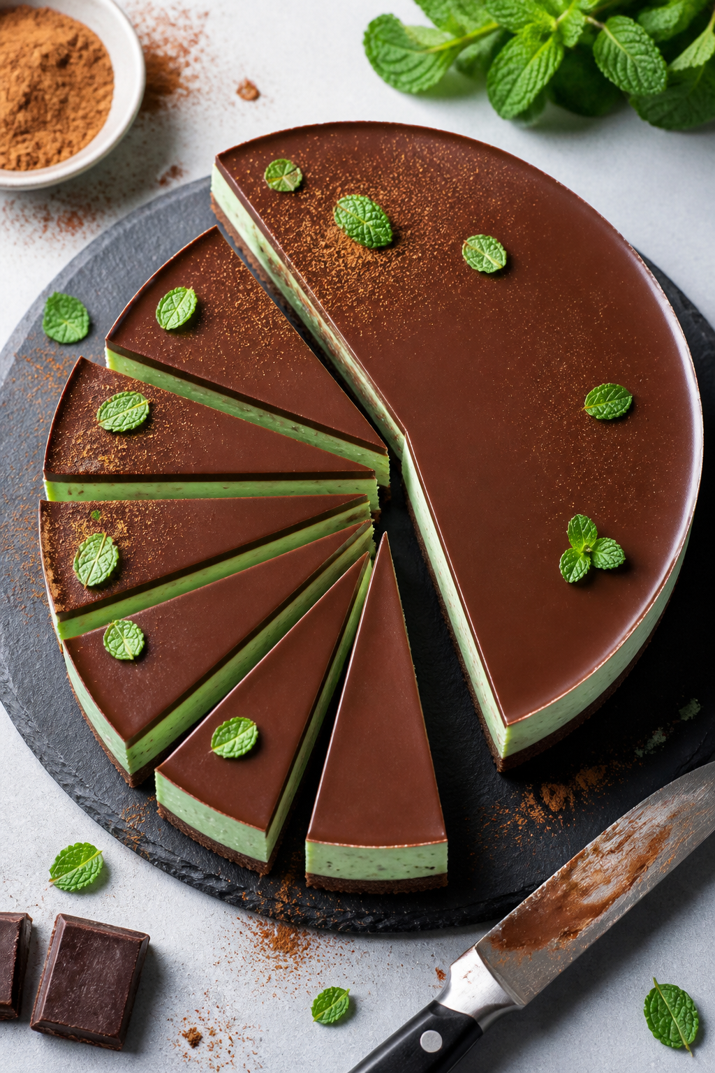 Final dish presentation: Tasty top-view of the fully set cheesecake on a slate cake stand, neat tria