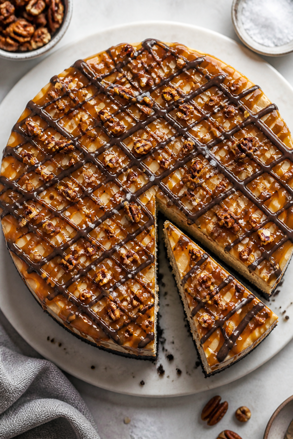 Final dish presentation: Tasty top view of the fully finished High Protein Turtle Cheesecake on a ca